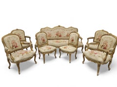 Antique French Napoleon Giltwood Aubusson Settee & Fauteuils 7 Piece Parlor Set
