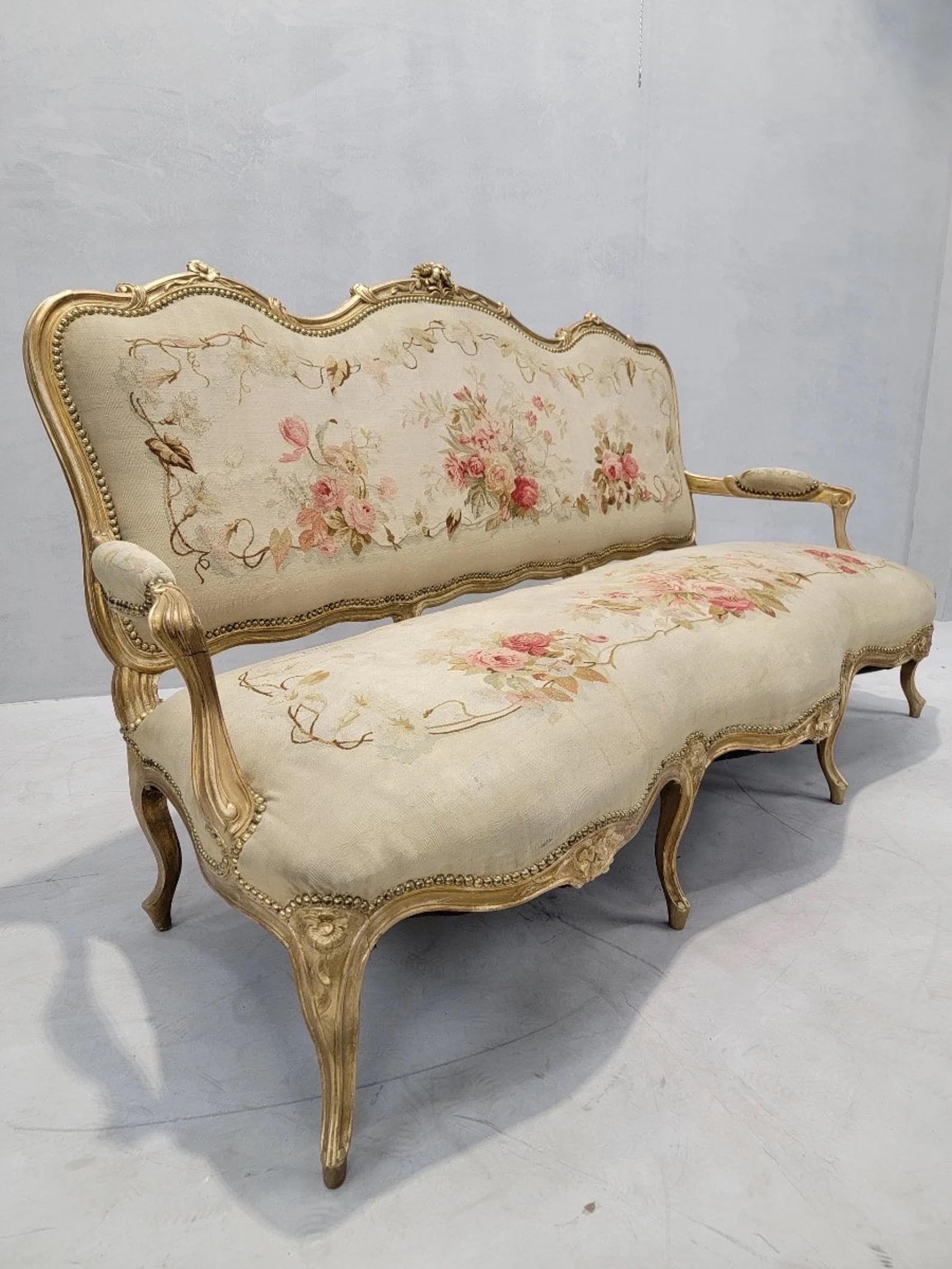 Napoleon III Antique French Napoleon Giltwood Aubusson Settee & Fauteuils 7 Piece Parlor Set