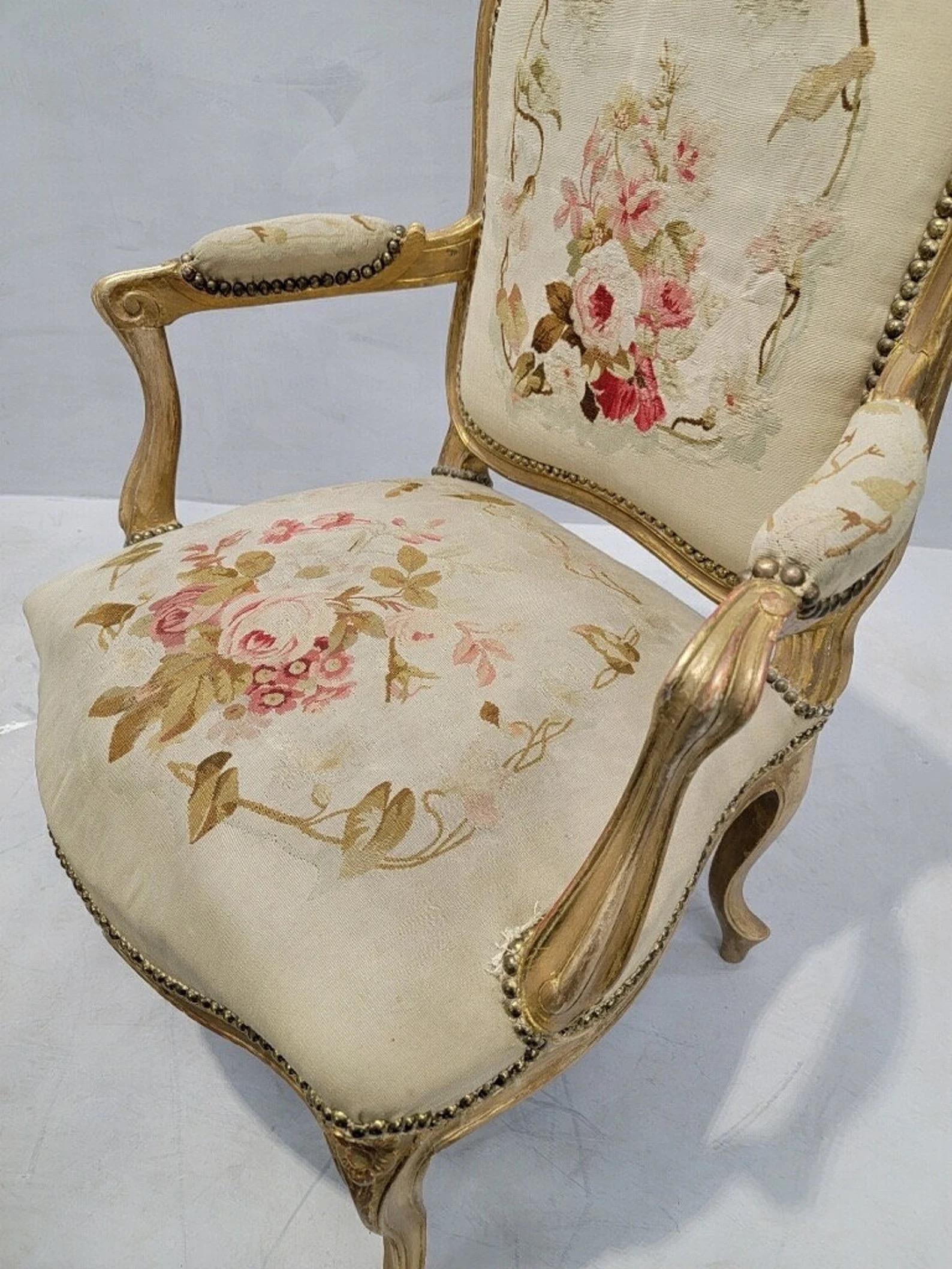 Antique French Napoleon Giltwood Aubusson Settee & Fauteuils 7 Piece Parlor Set 1
