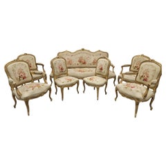 Antiquité française Napoléon Giltwood Aubusson Settee & Fauteuils 7 Pieces Parlor Set
