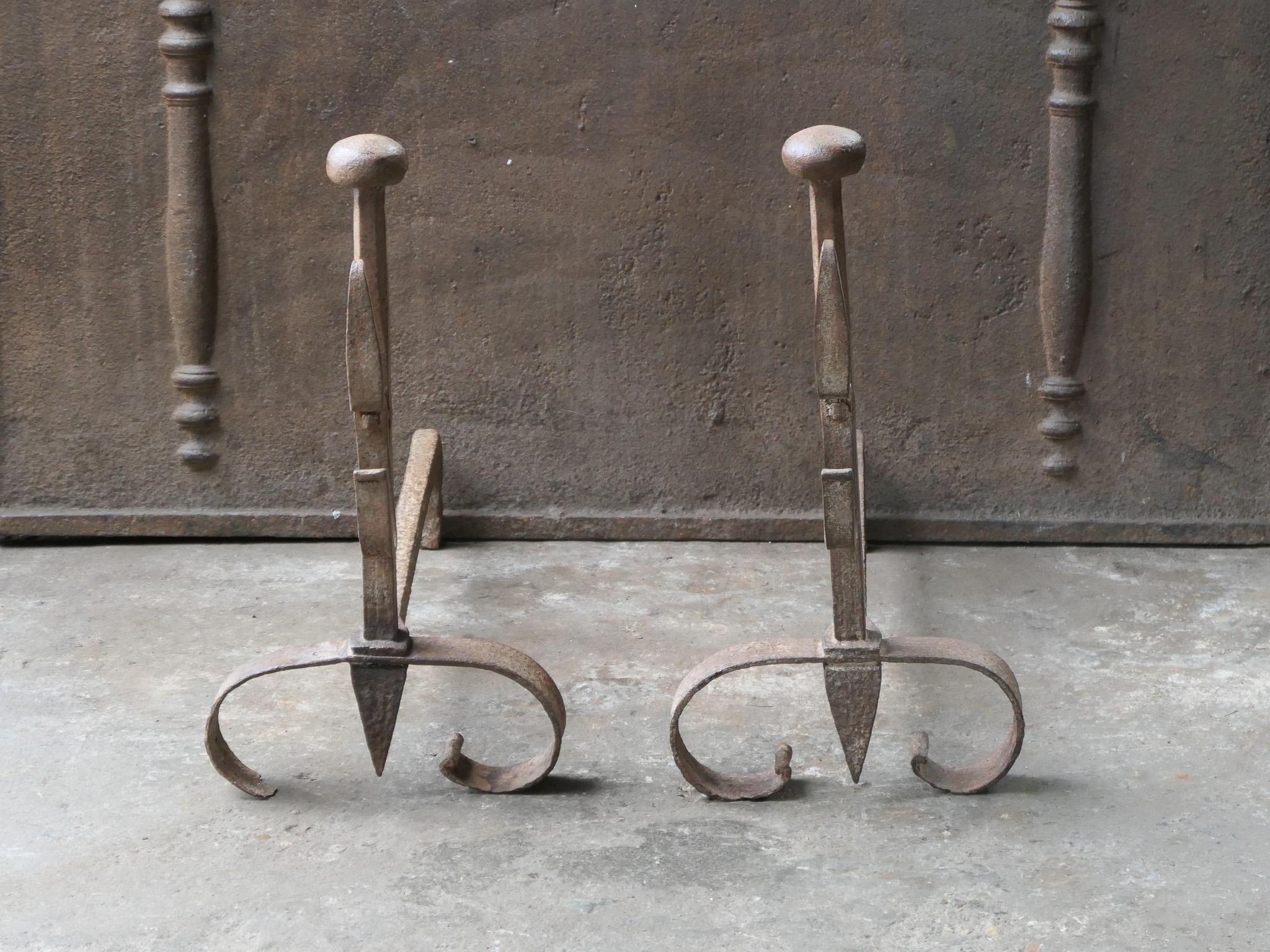 Wrought Iron Antique French Napoleon III Andirons or Firedogs, 19th Century For Sale