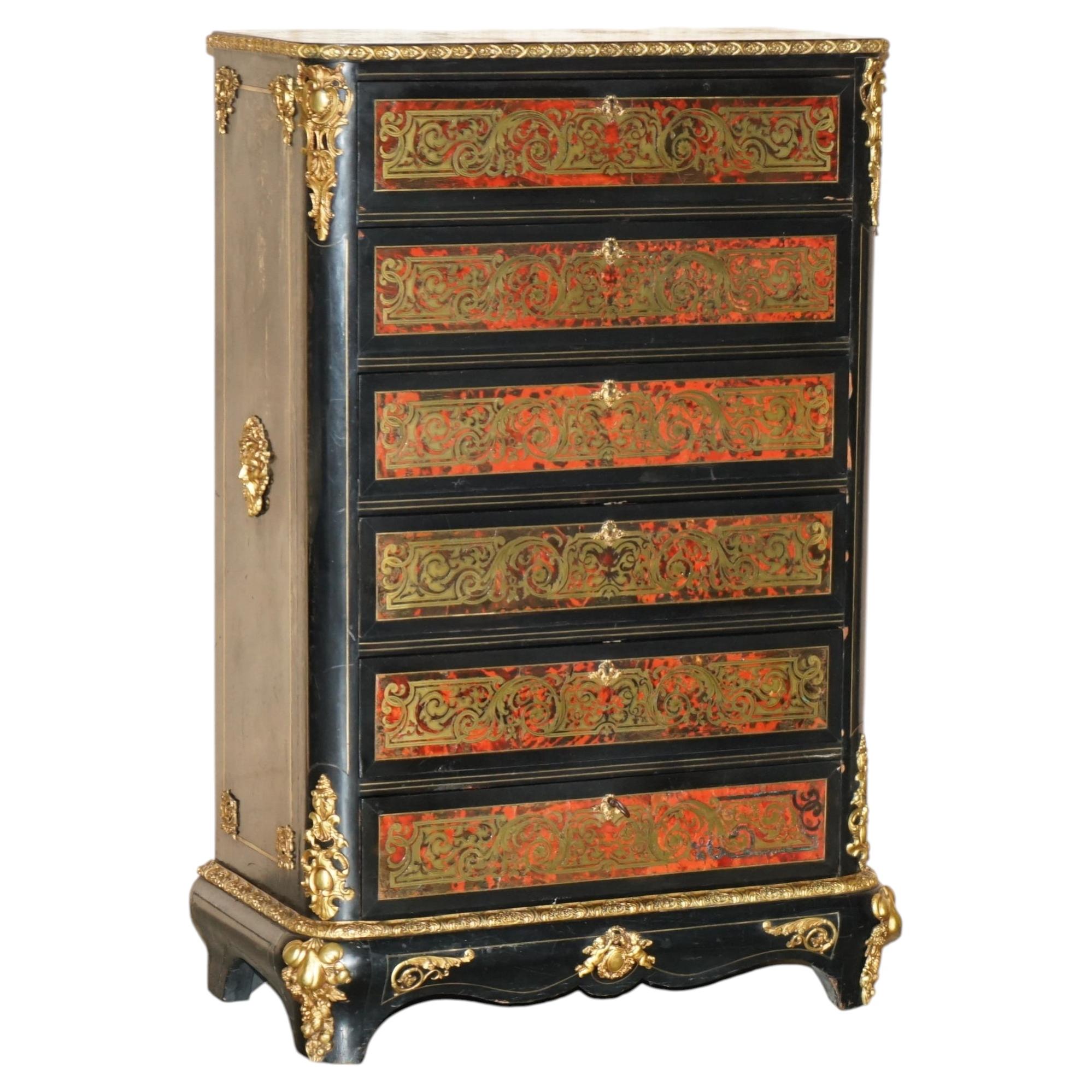 ANTIQUE FRENCH NAPOLEON III BOULLE MARQUETRY UPRiGHT COMMODE CHEST OF DRAWERS