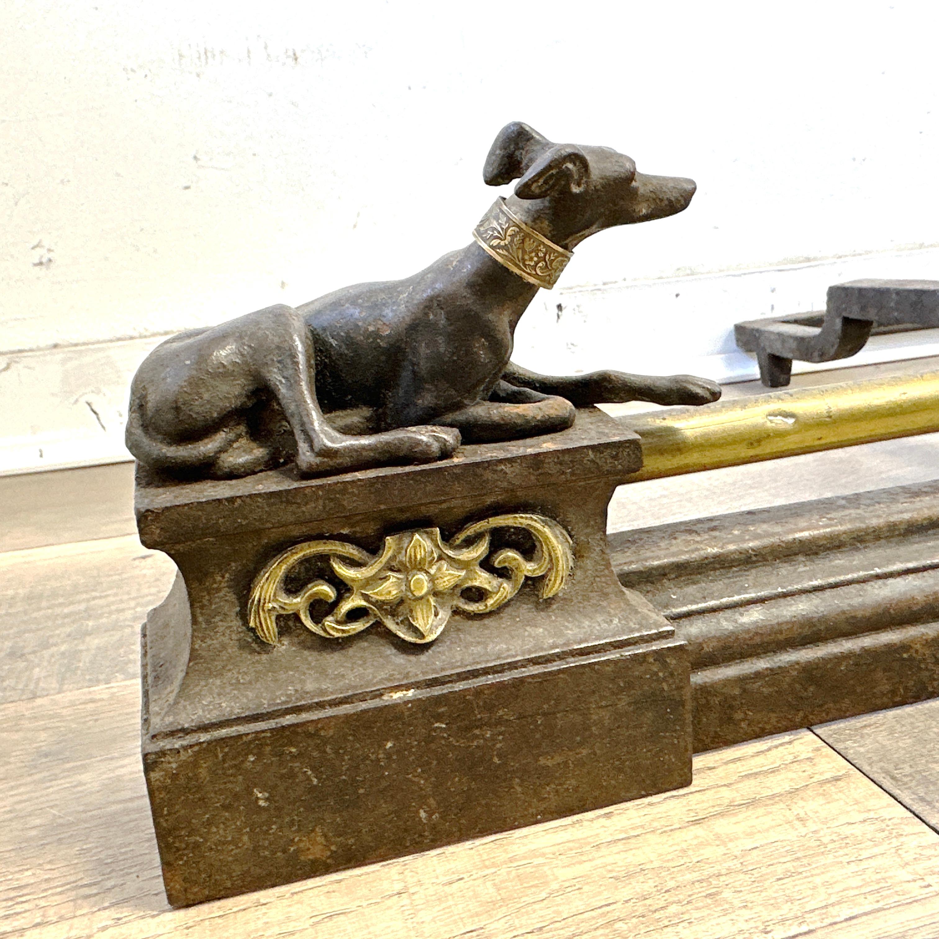 Antique French Napoleon III Brass and Cast Metal Greyhound Fireplace Chenets 6