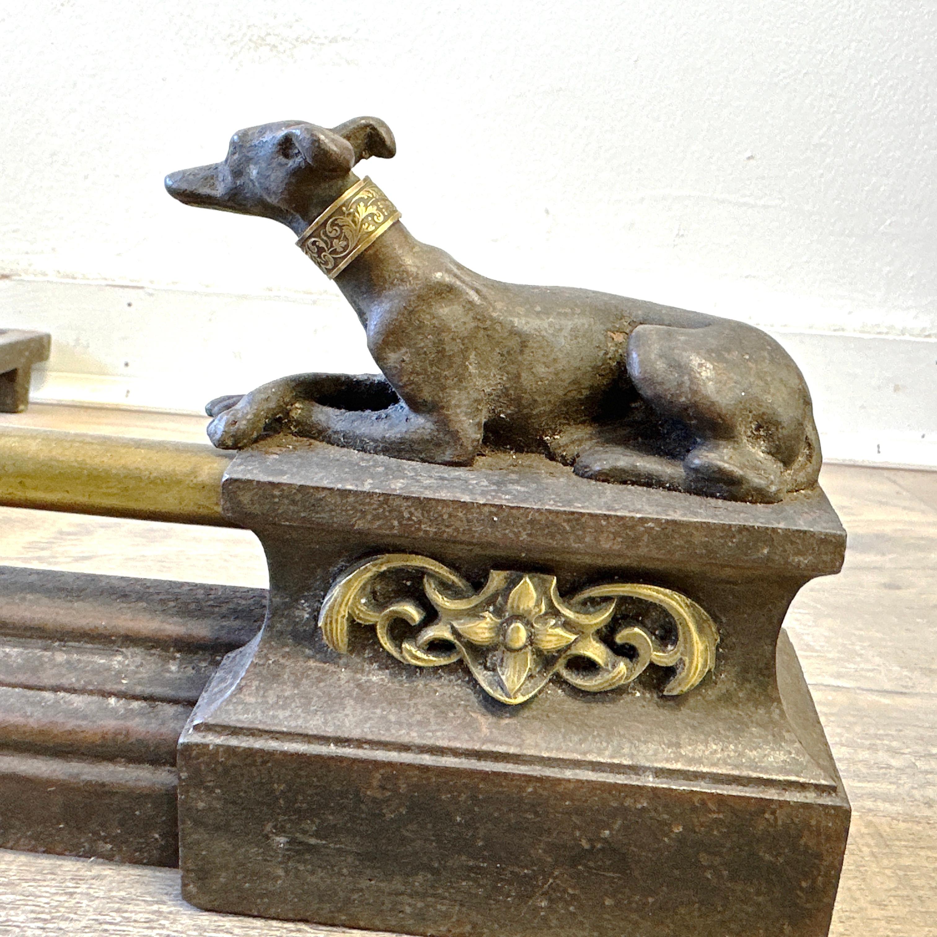 Antique French Napoleon III Brass and Cast Metal Greyhound Fireplace Chenets In Good Condition In Victoria, BC