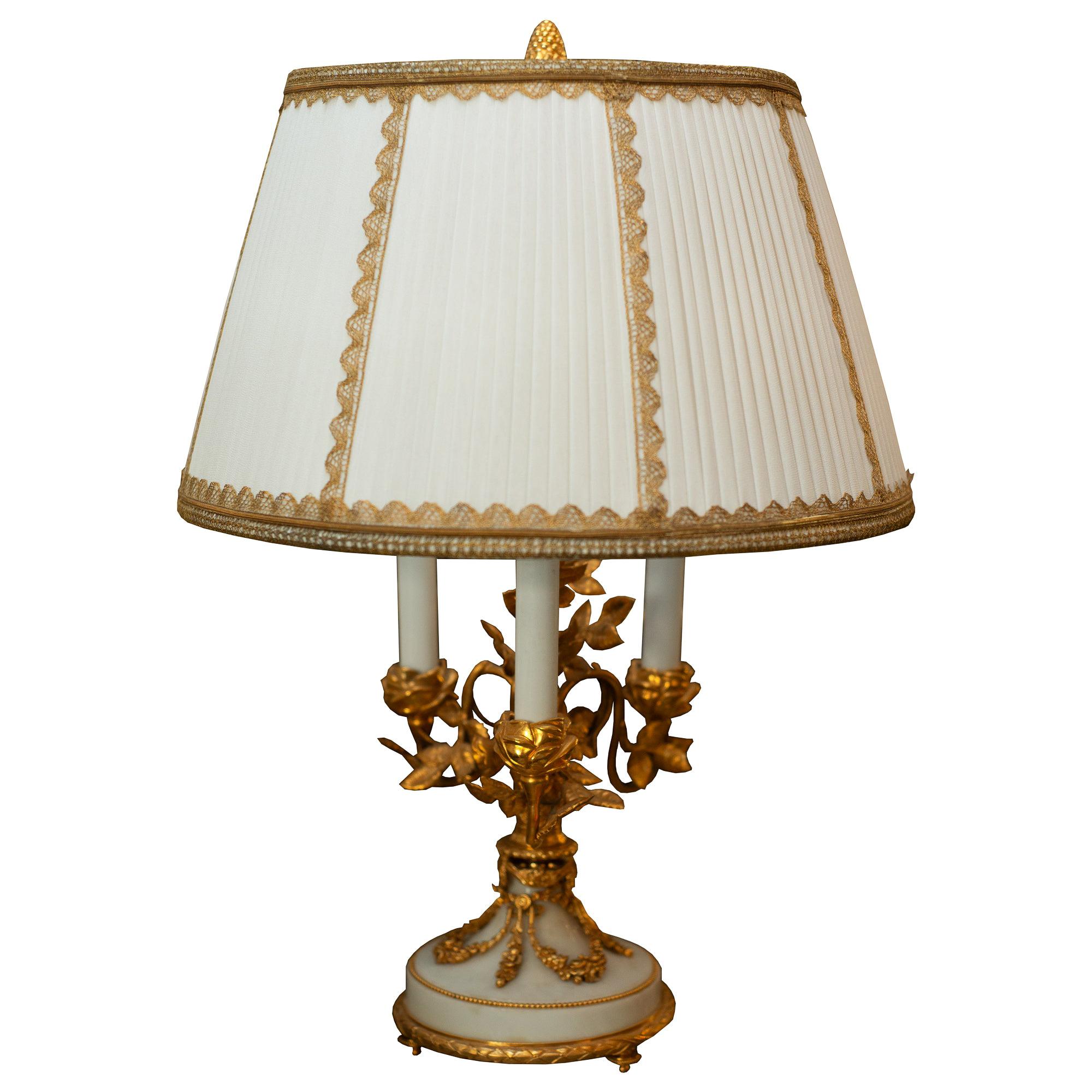 Antique French Napoleon III Bronze and Marble Lamp with Custom Silk Shade