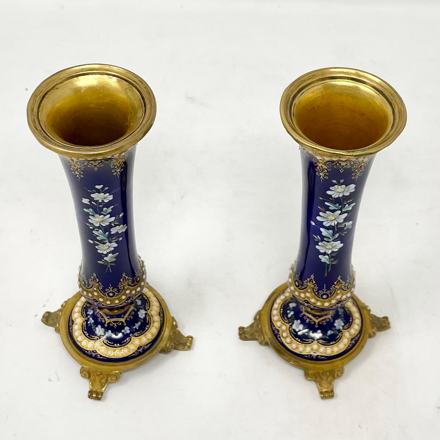 Exquisitely Made Antique French Napoleon III Gold Bronze Mounted Cobalt Porcelain vases with Enameling, Circa 1870-1880.