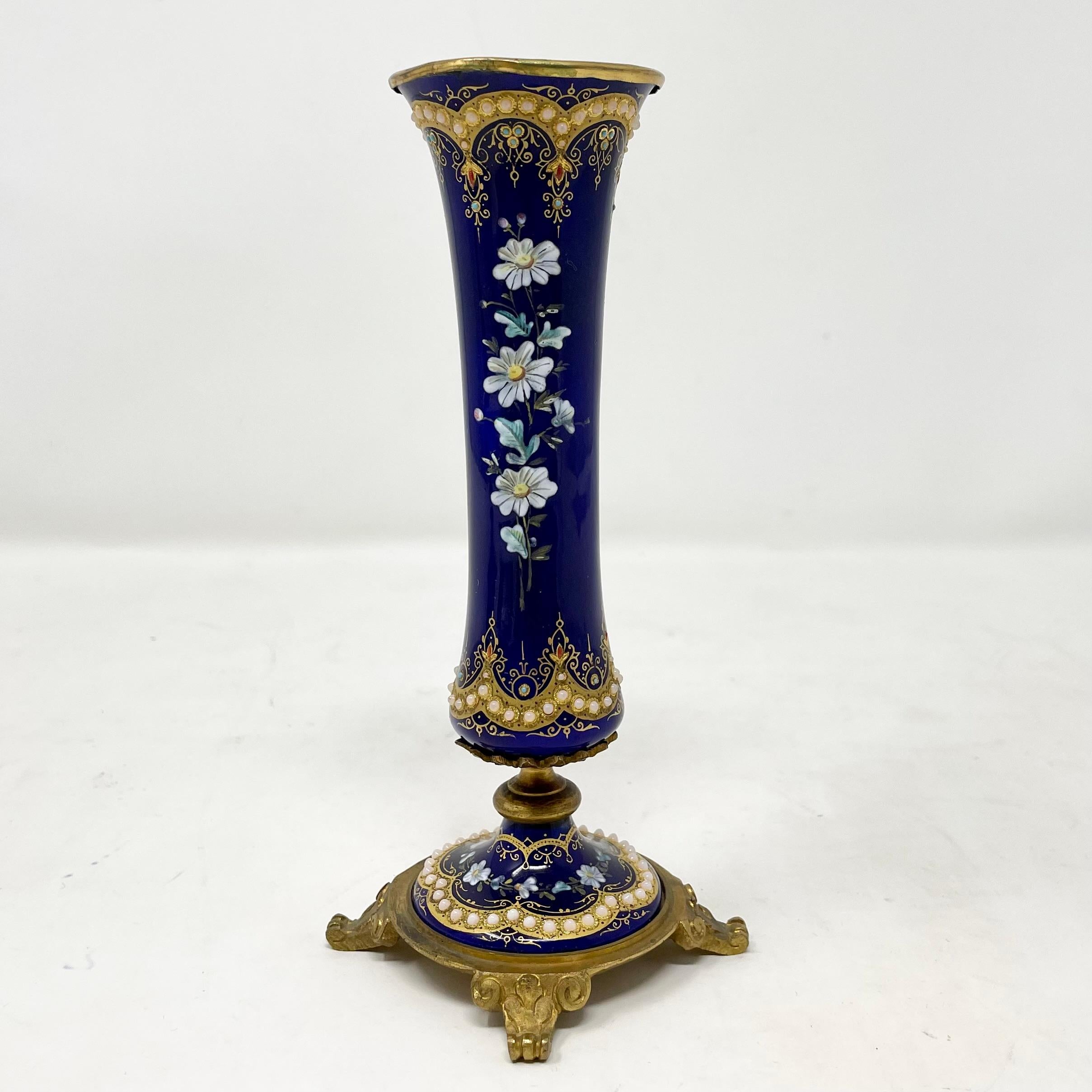 Antique French Napoleon III Bronze & Enameled Cobalt Porcelain Vases, Circa 1870 In Good Condition For Sale In New Orleans, LA