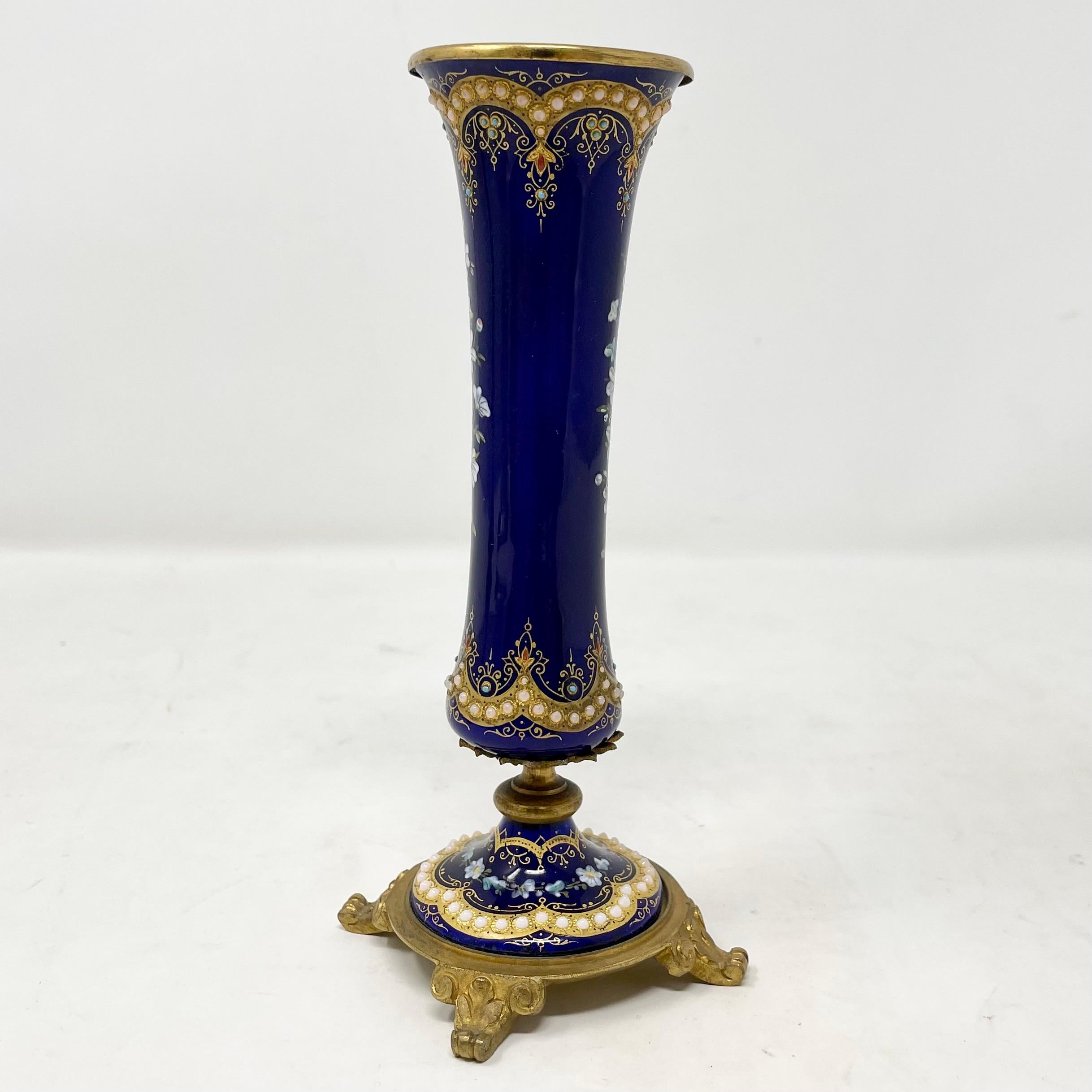 19th Century Antique French Napoleon III Bronze & Enameled Cobalt Porcelain Vases, Circa 1870 For Sale