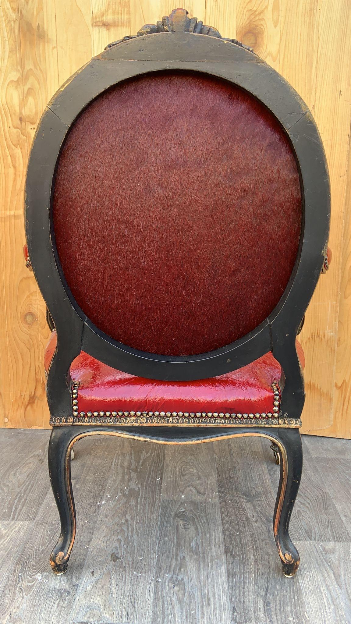 Antique French Napoleon III Carved Armchairs Newly Upholstered In Leather - Pair For Sale 6