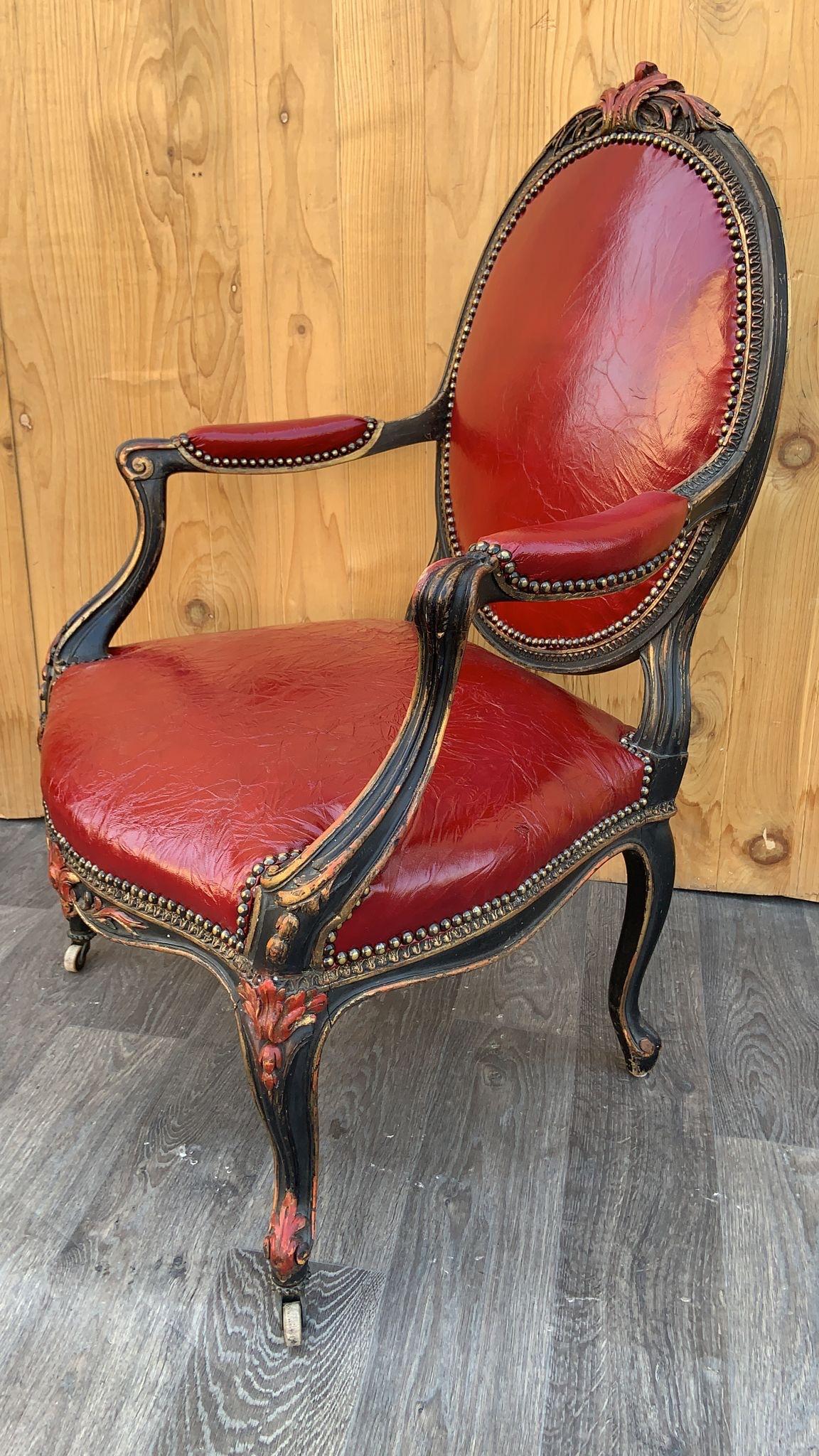 Antique French Napoleon III Carved Armchairs Newly Upholstered In Leather - Pair For Sale 7
