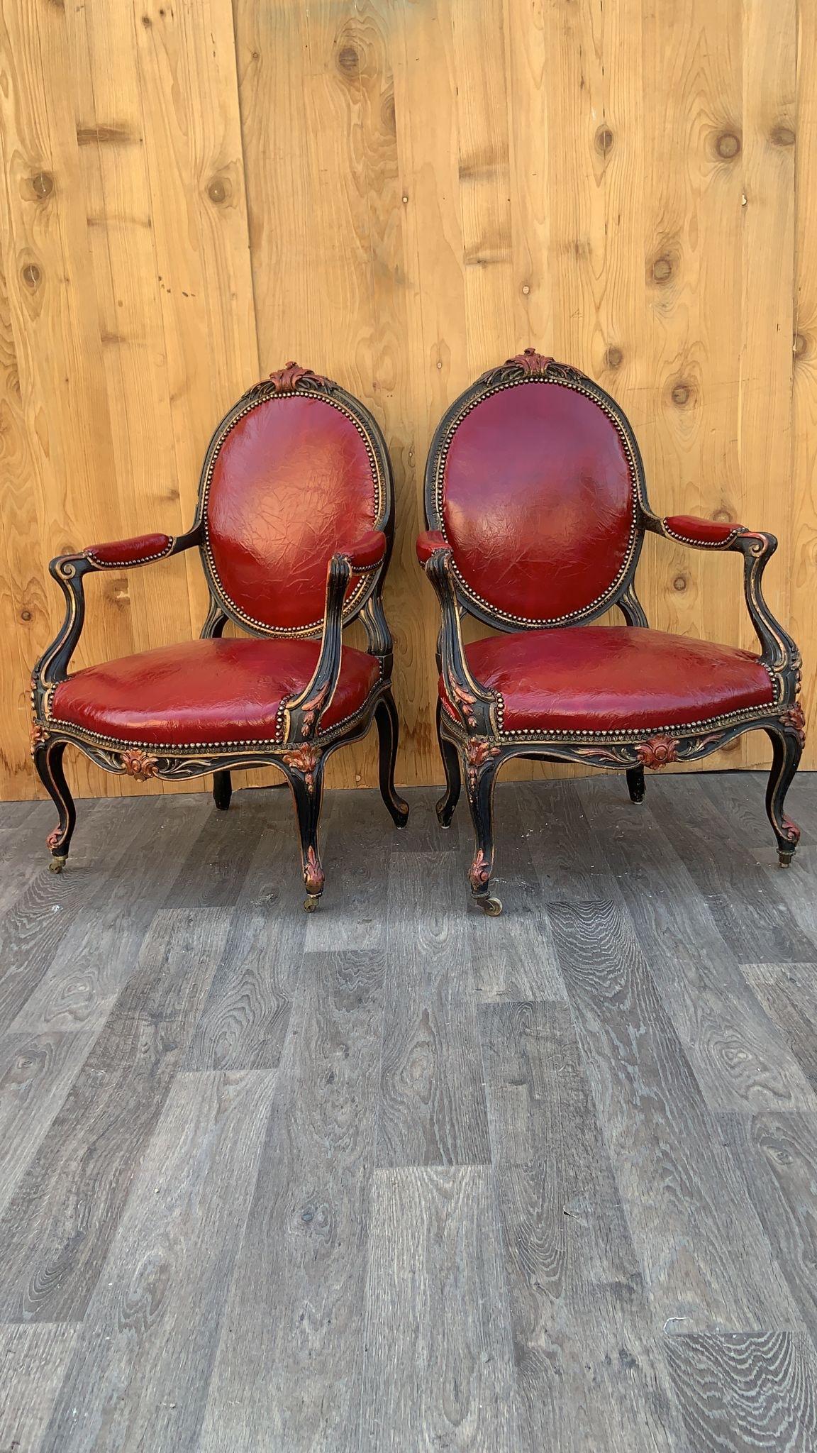 Hand-Carved Antique French Napoleon III Carved Armchairs Newly Upholstered In Leather - Pair For Sale