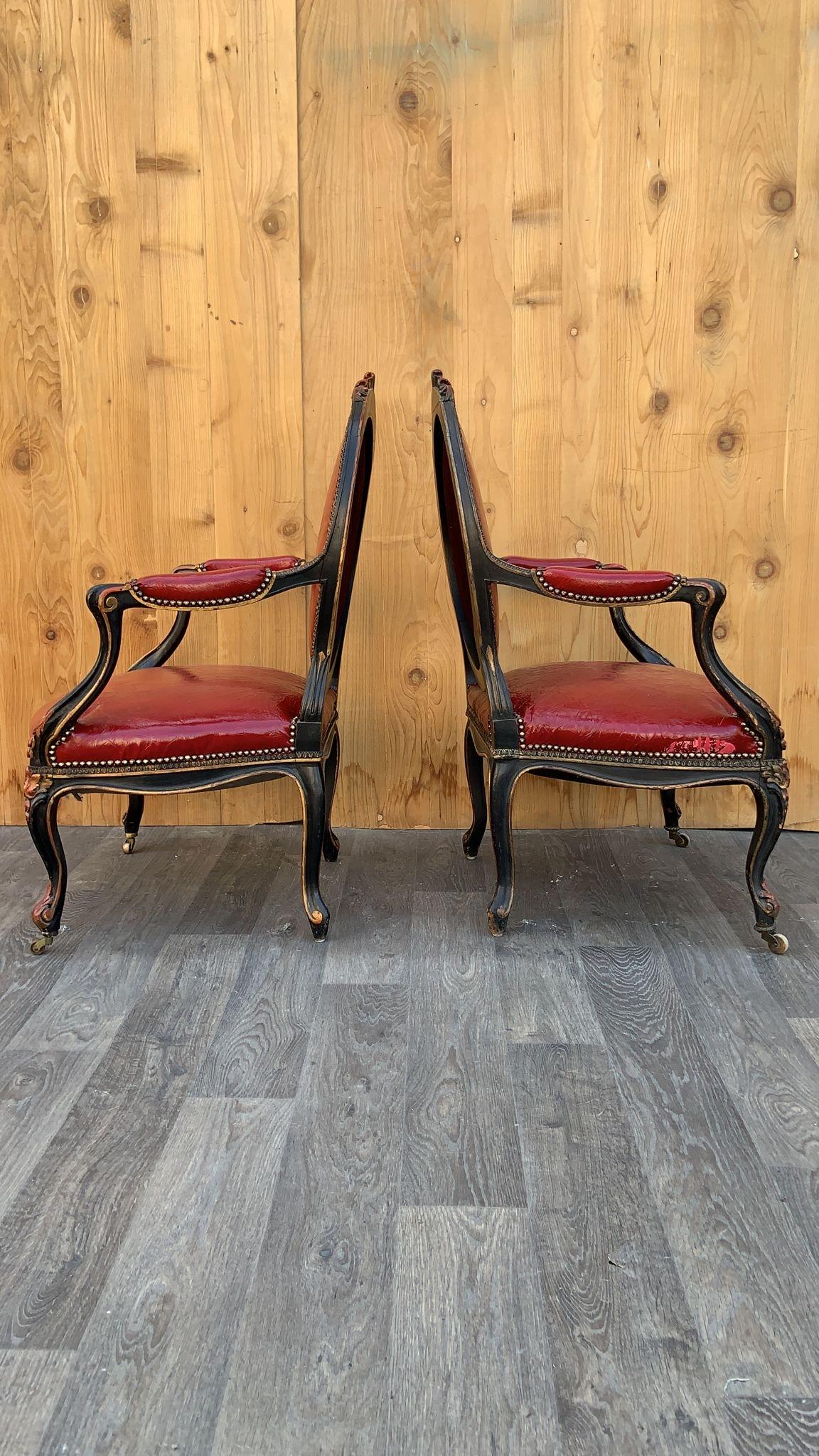 19th Century Antique French Napoleon III Carved Armchairs Newly Upholstered In Leather - Pair For Sale