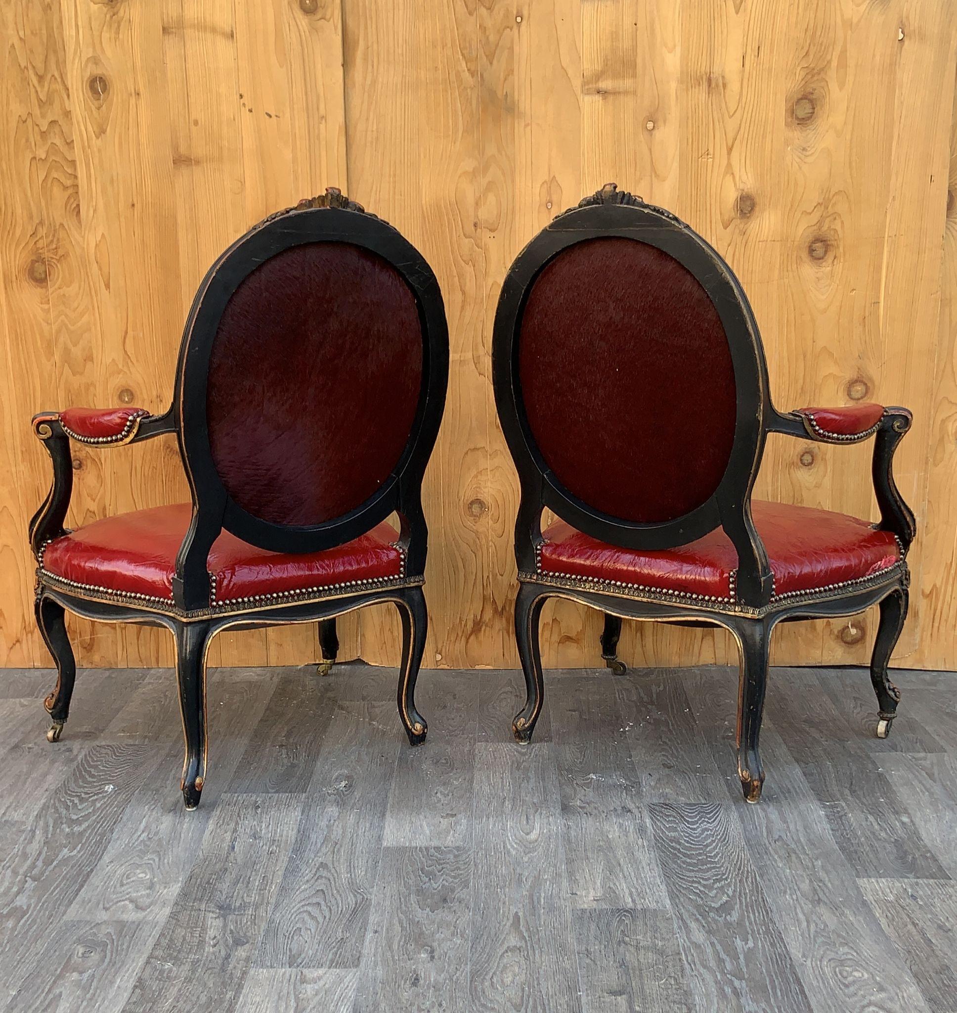 Antique French Napoleon III Carved Armchairs Newly Upholstered In Leather - Pair For Sale 1