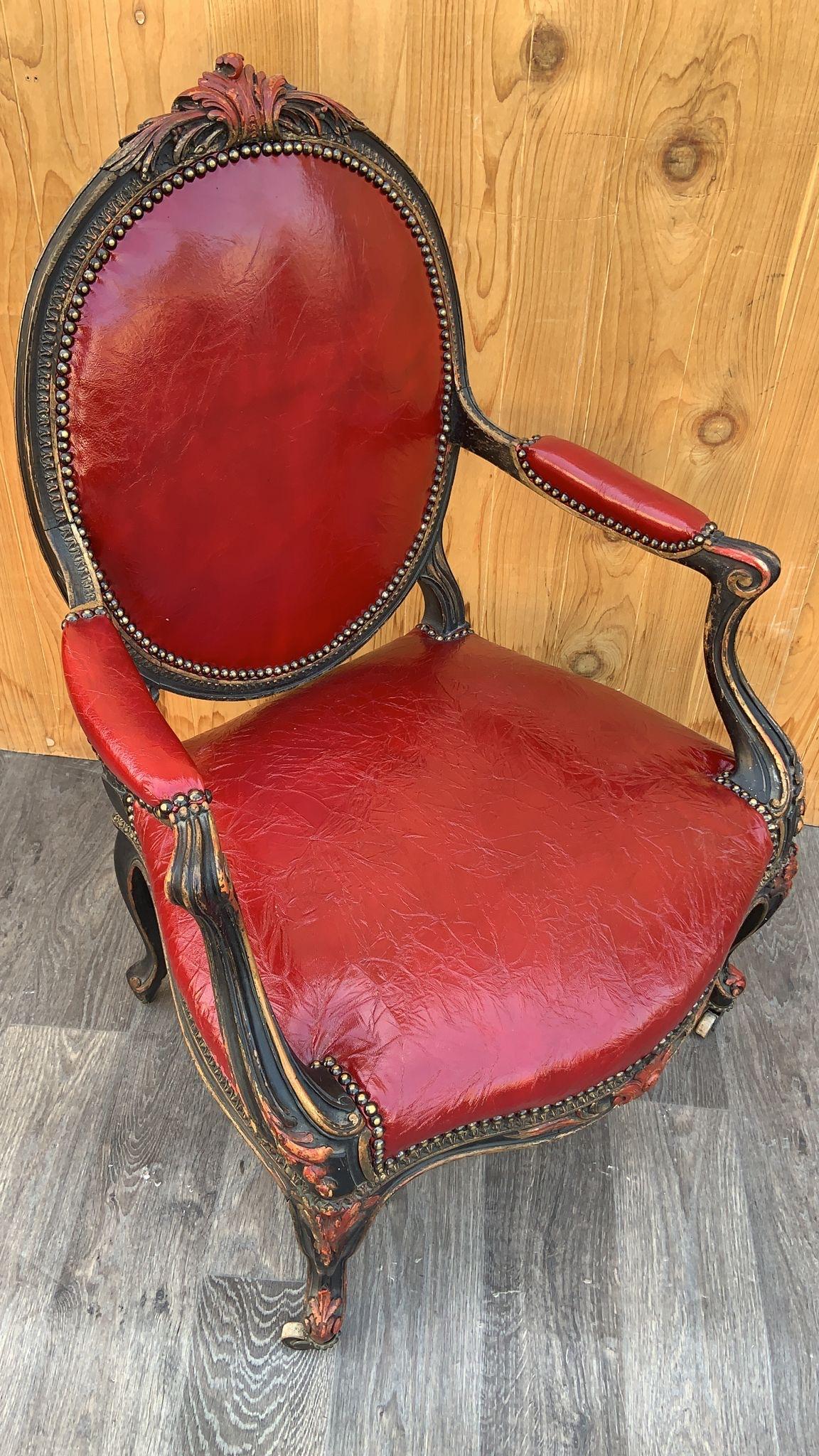 Antique French Napoleon III Carved Armchairs Newly Upholstered In Leather - Pair For Sale 2
