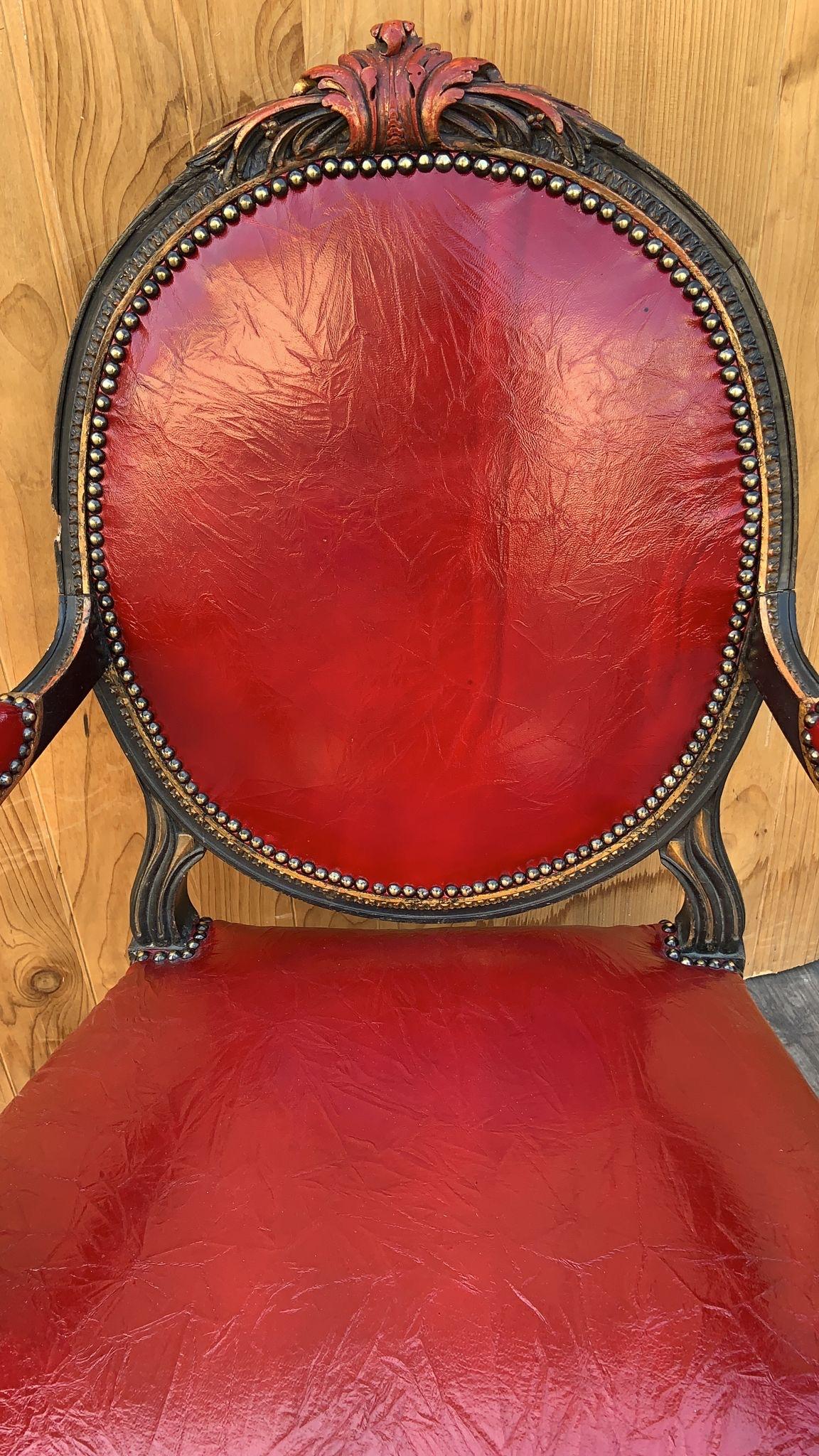 Antique French Napoleon III Carved Armchairs Newly Upholstered In Leather - Pair For Sale 3