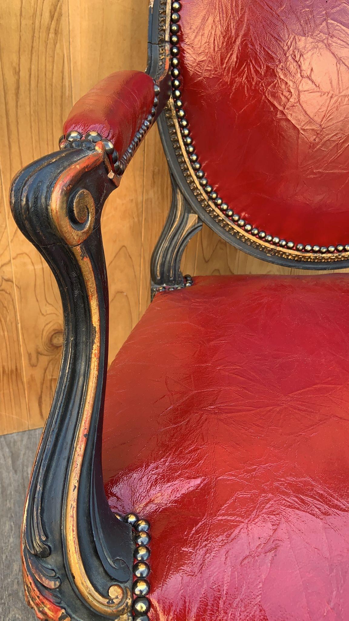 Antique French Napoleon III Carved Armchairs Newly Upholstered In Leather - Pair For Sale 4