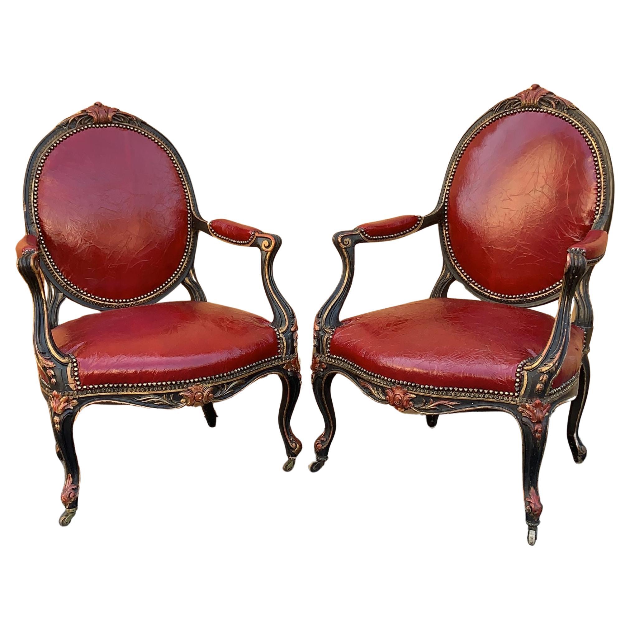 Antique French Napoleon III Carved Armchairs Newly Upholstered In Leather - Pair