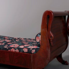 Antique French Napoleon III Carved Flame Mahogany Figural Swan Day Bed, c1880