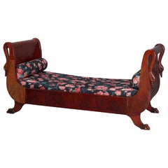 Antique French Napoleon III Carved Flame Mahogany Figural Swan Day Bed, c1880