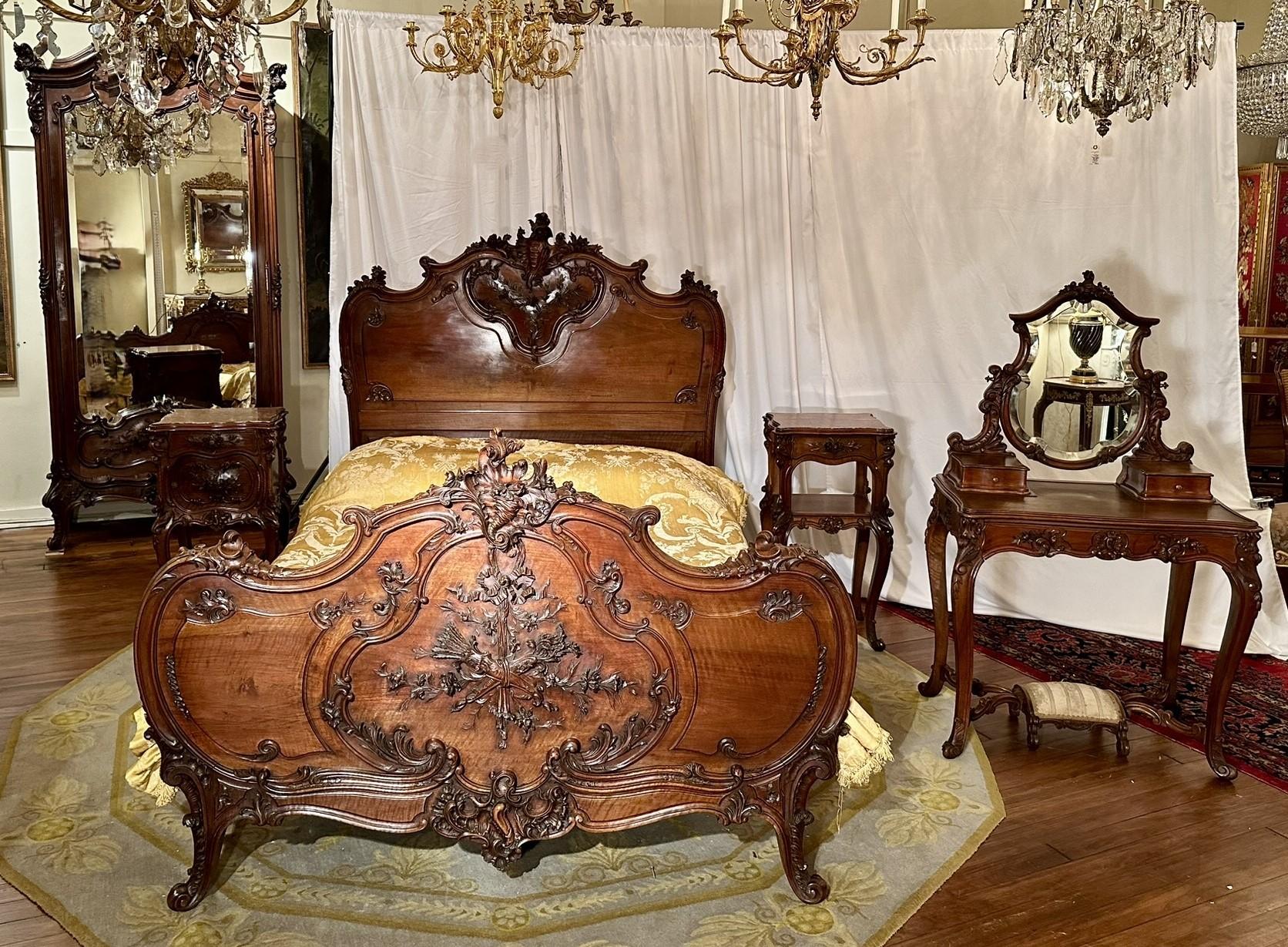 Rare Antique French Napoleon III Carved Mahogany 5 Piece Bedroom Suite, Circa 1875-1885.  Extraordinary workmanship.
Bed: 58