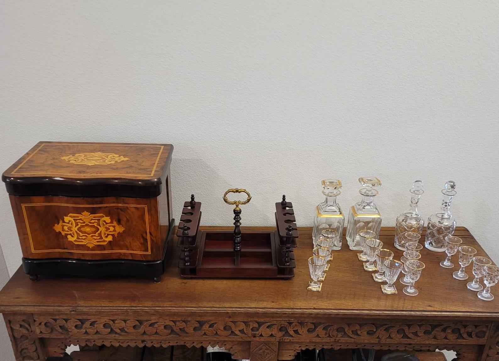 19th Century Antique French Napoleon III Cave À Liqueur Tantalus Decanter Set