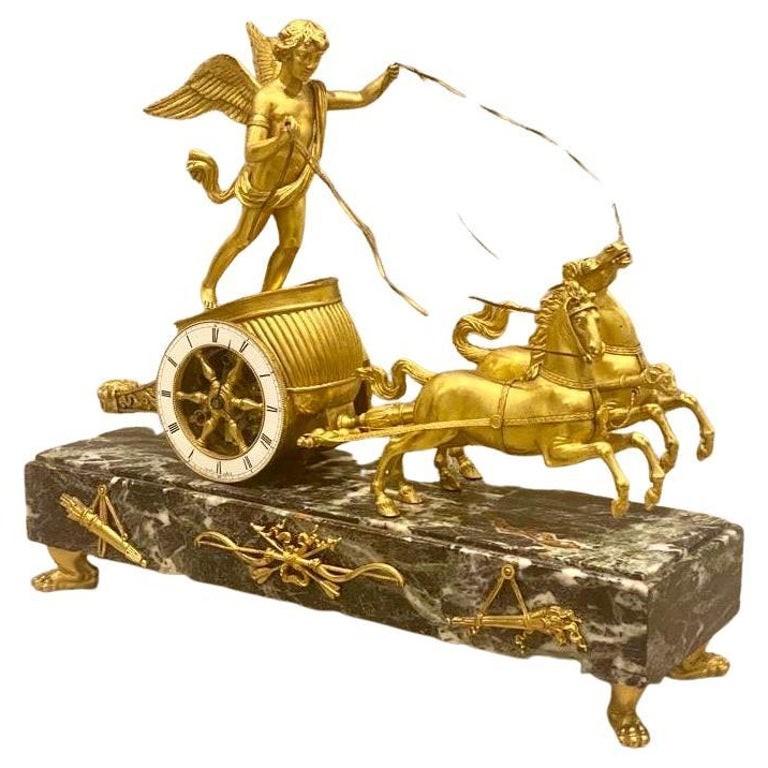 Antique French Napoleon III chariot clock in ormolu & Verde Antico marble  For Sale 7