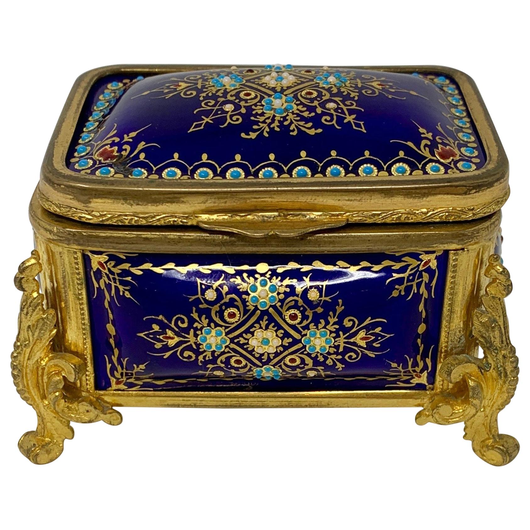 Antique French Napoleon III Cobalt Blue Enameled Ormolu Box