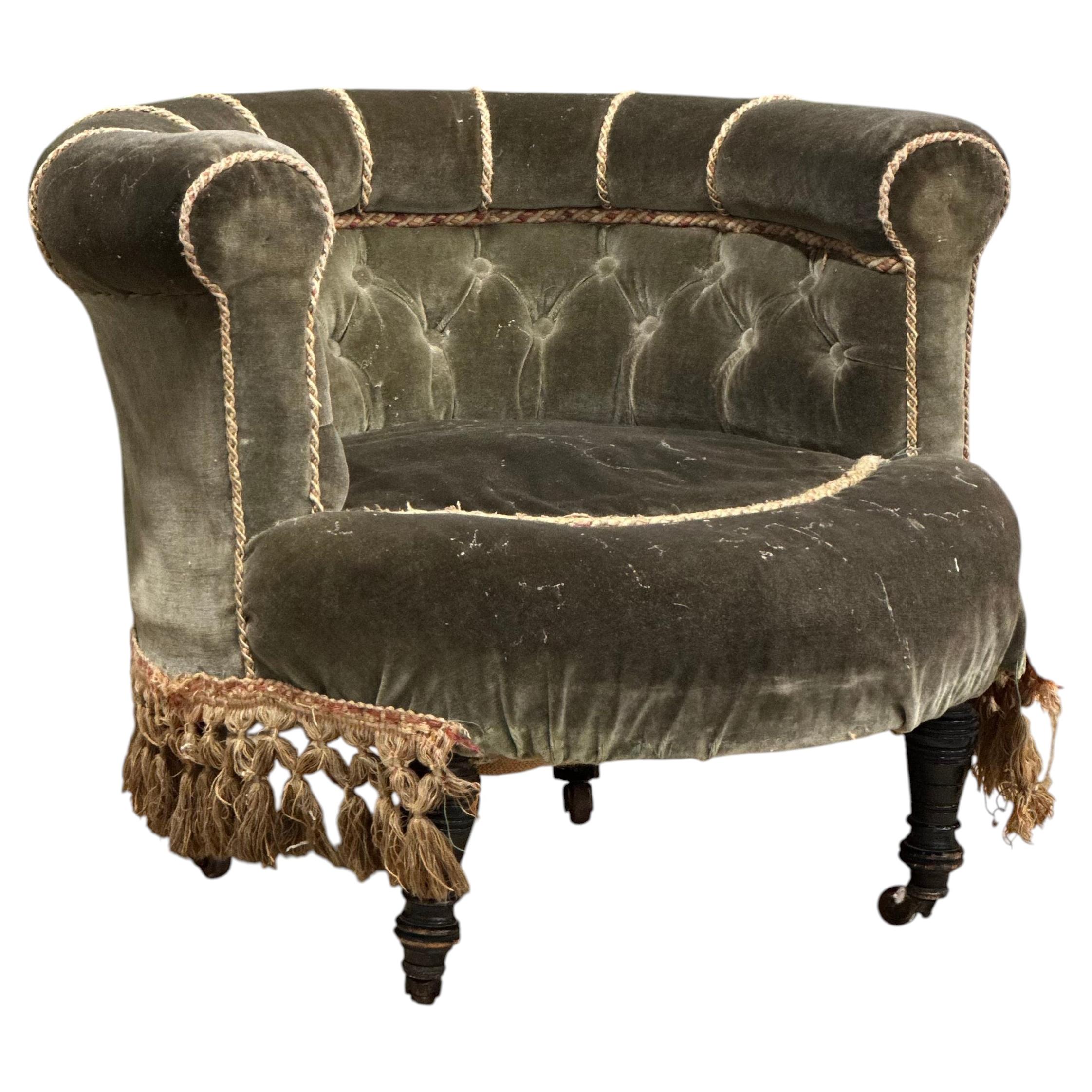 Antique French Napoleon III 'Crapaud' Tub Chair in Moss Green Velvet