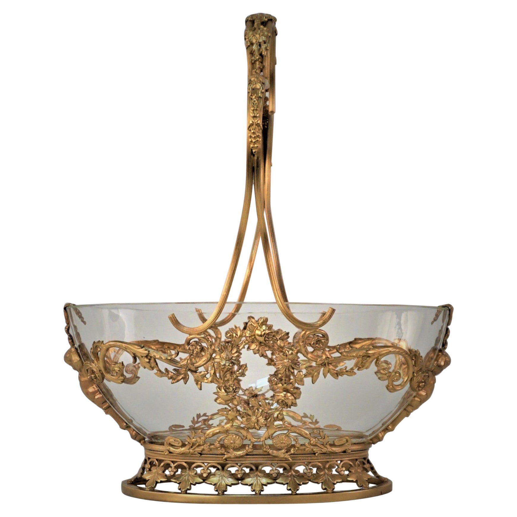 Antique French Napoleon III Crystal and Dore Bronze Basket