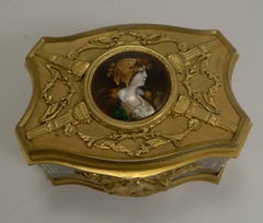 Antique French Napoleon III Crystal Box with Signed Enamel Inset