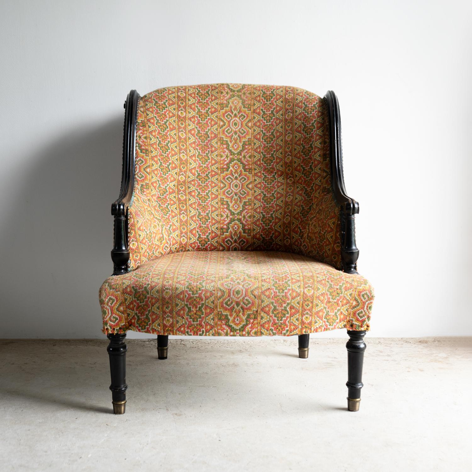 Antique French Napoleon III Ebonised And Upholstered Armchair, 19th Century Francés en venta
