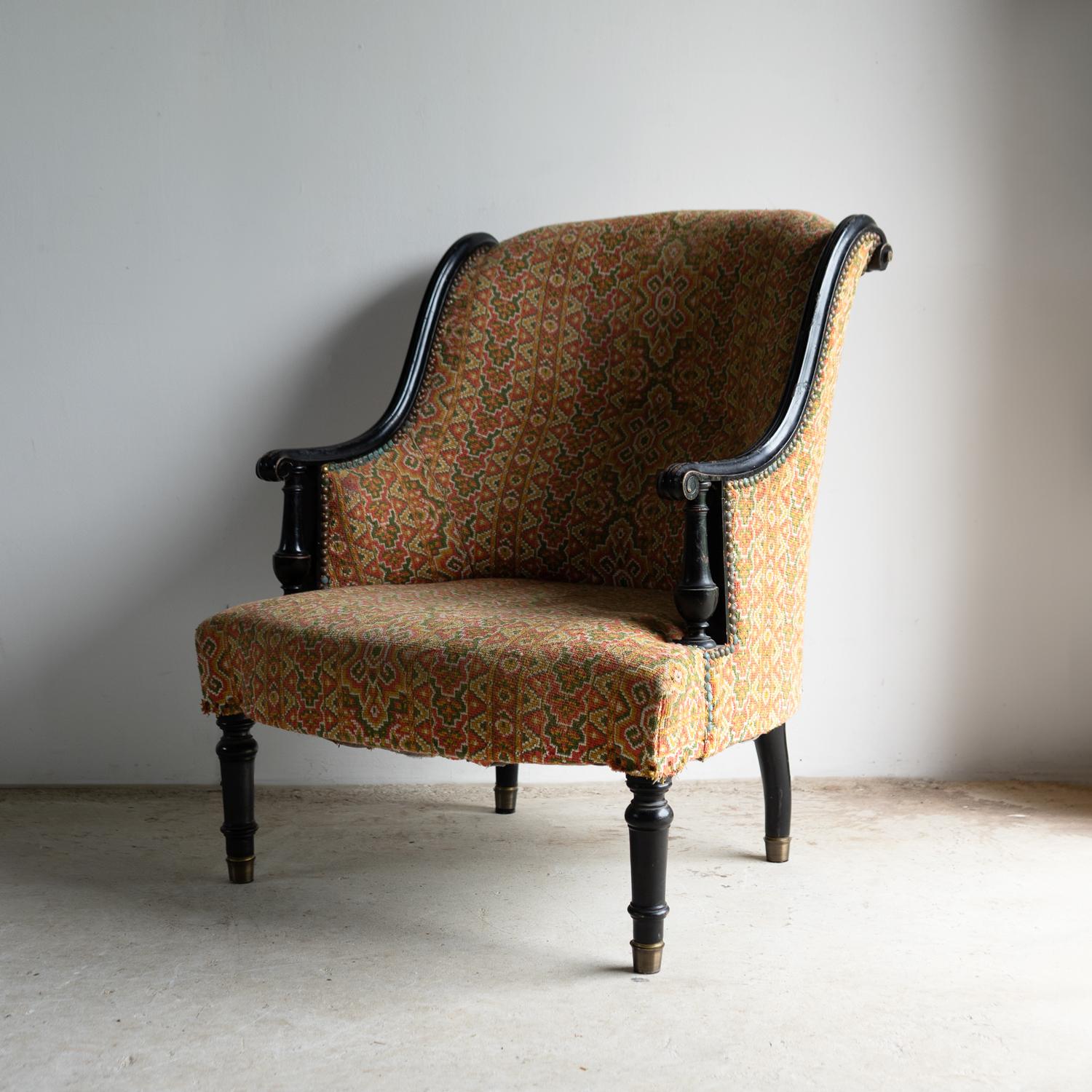 Antique French Napoleon III Ebonised And Upholstered Armchair, 19th Century siglo XIX en venta