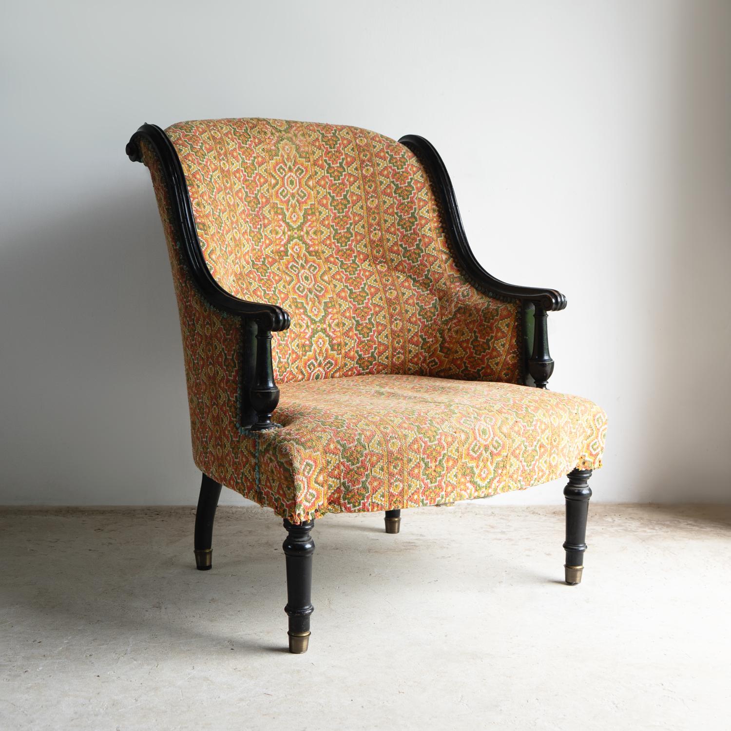 Antique French Napoleon III Ebonised And Upholstered Armchair, 19th Century Textil en venta
