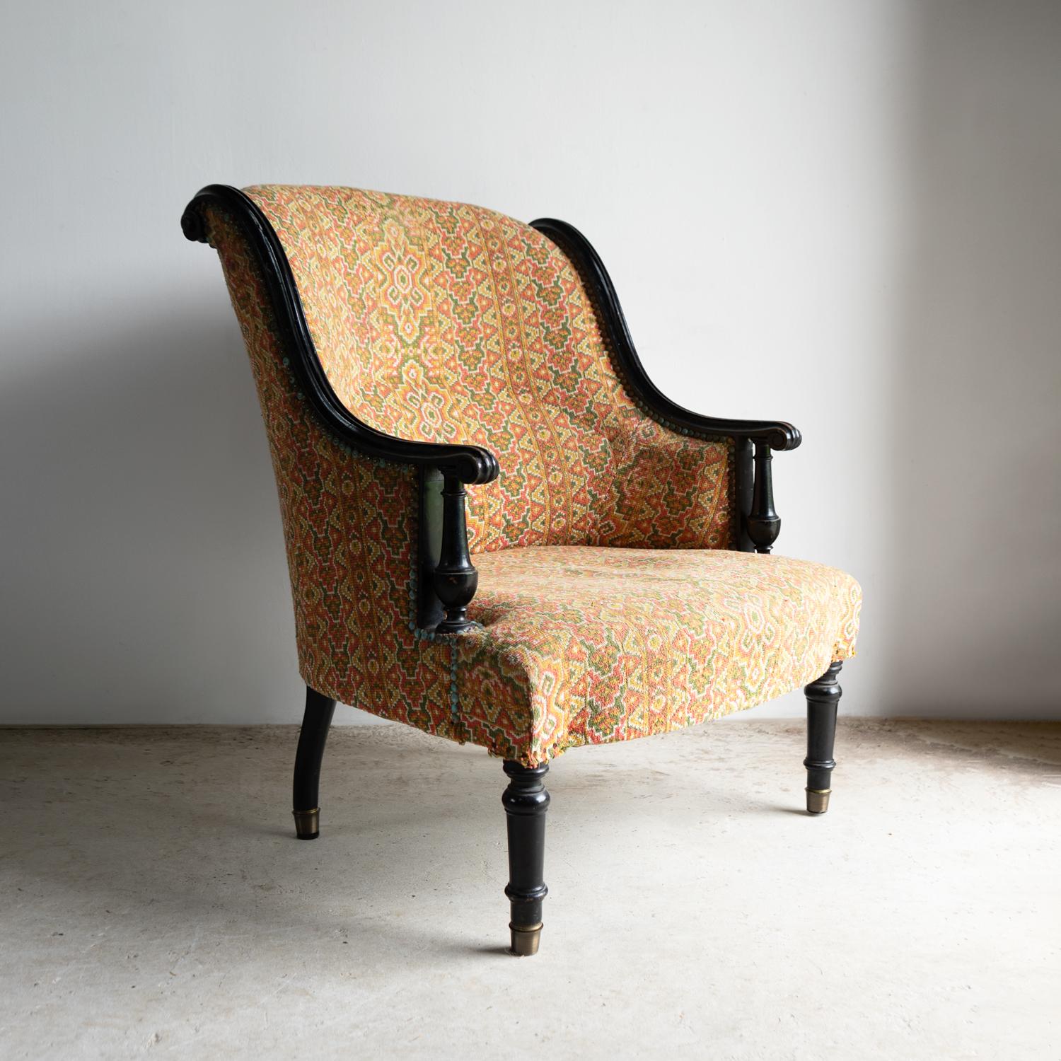 Antique French Napoleon III Ebonised And Upholstered Armchair, 19th Century en venta 1