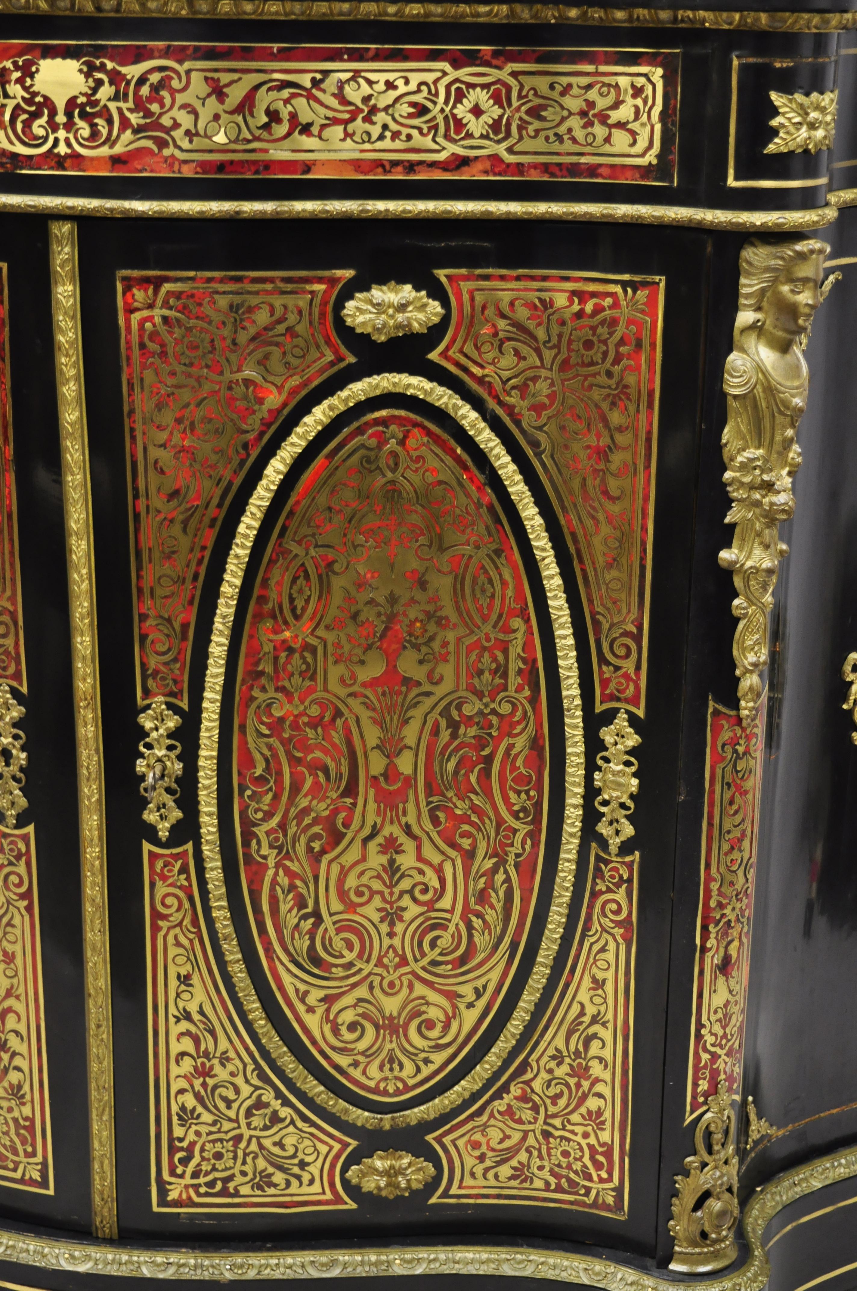 Antique French Napoleon III Ebonized Brass Boulle Inlay Sideboard Buffet Cabinet In Good Condition In Philadelphia, PA