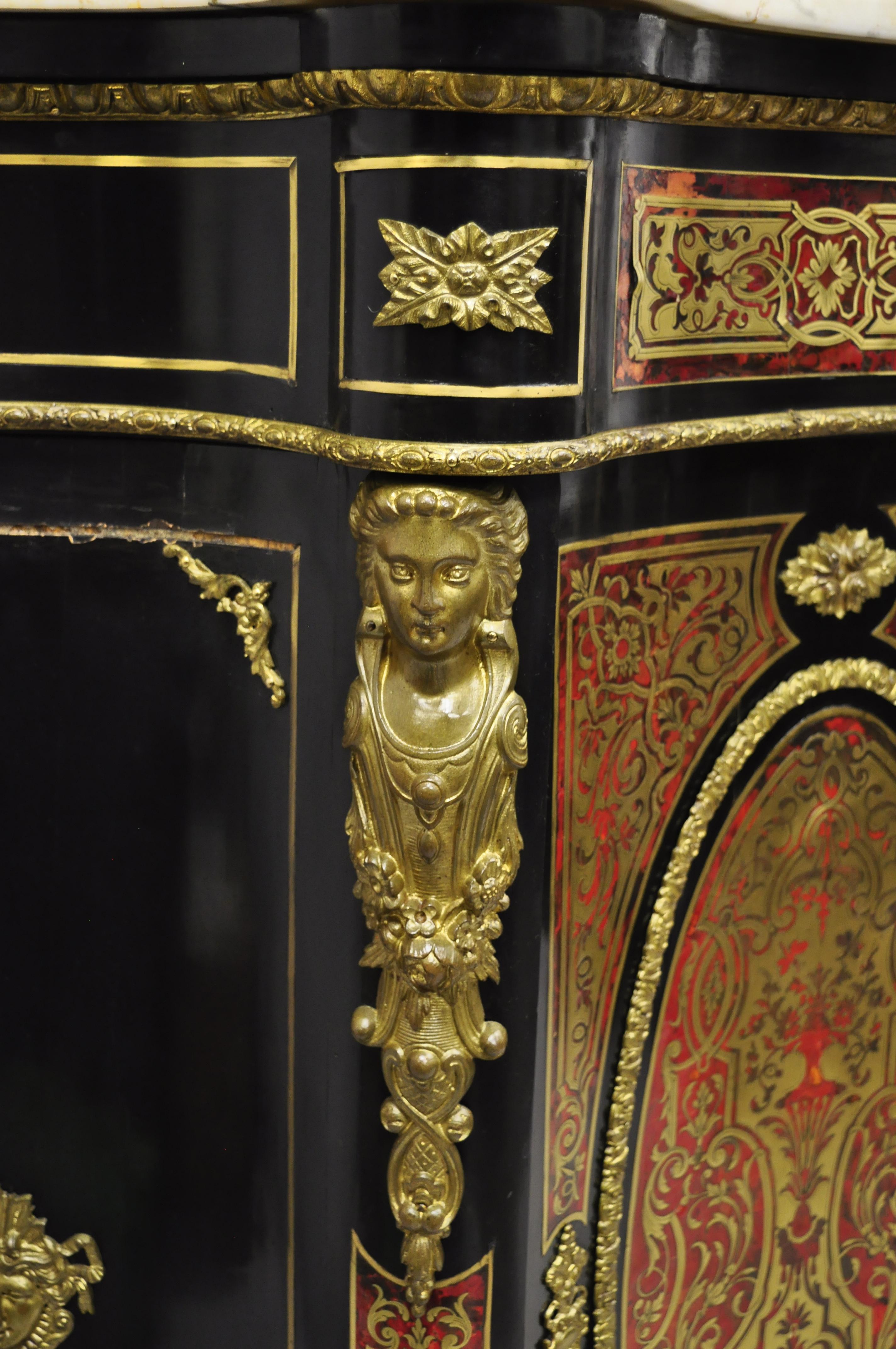 20th Century Antique French Napoleon III Ebonized Brass Boulle Inlay Sideboard Buffet Cabinet