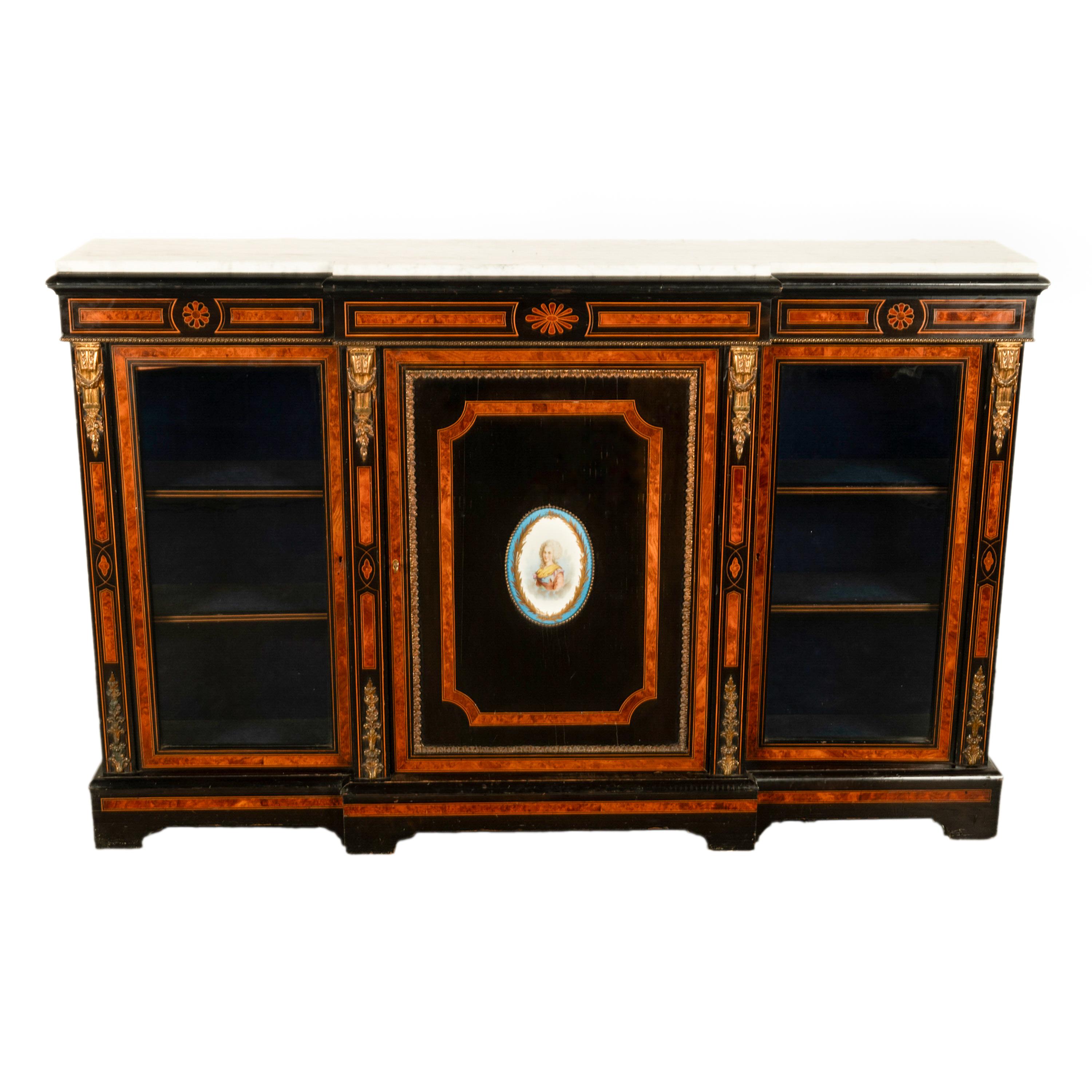 Antique French Napoleon III Ebony Ormolu Marble Sevres Porcelain Credenza 1860 For Sale 5