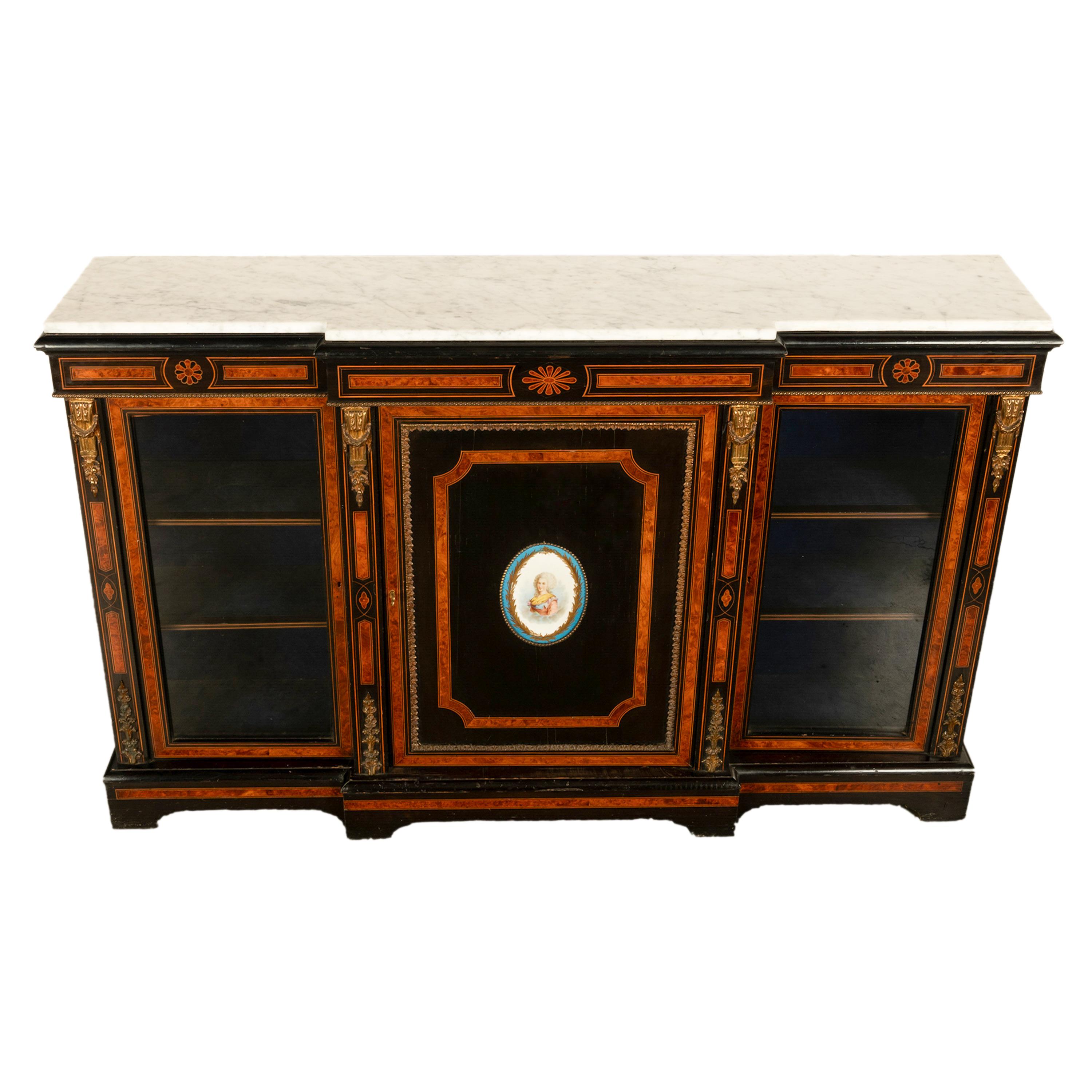 Antique French Napoleon III Ebony Ormolu Marble Sevres Porcelain Credenza 1860 For Sale 6