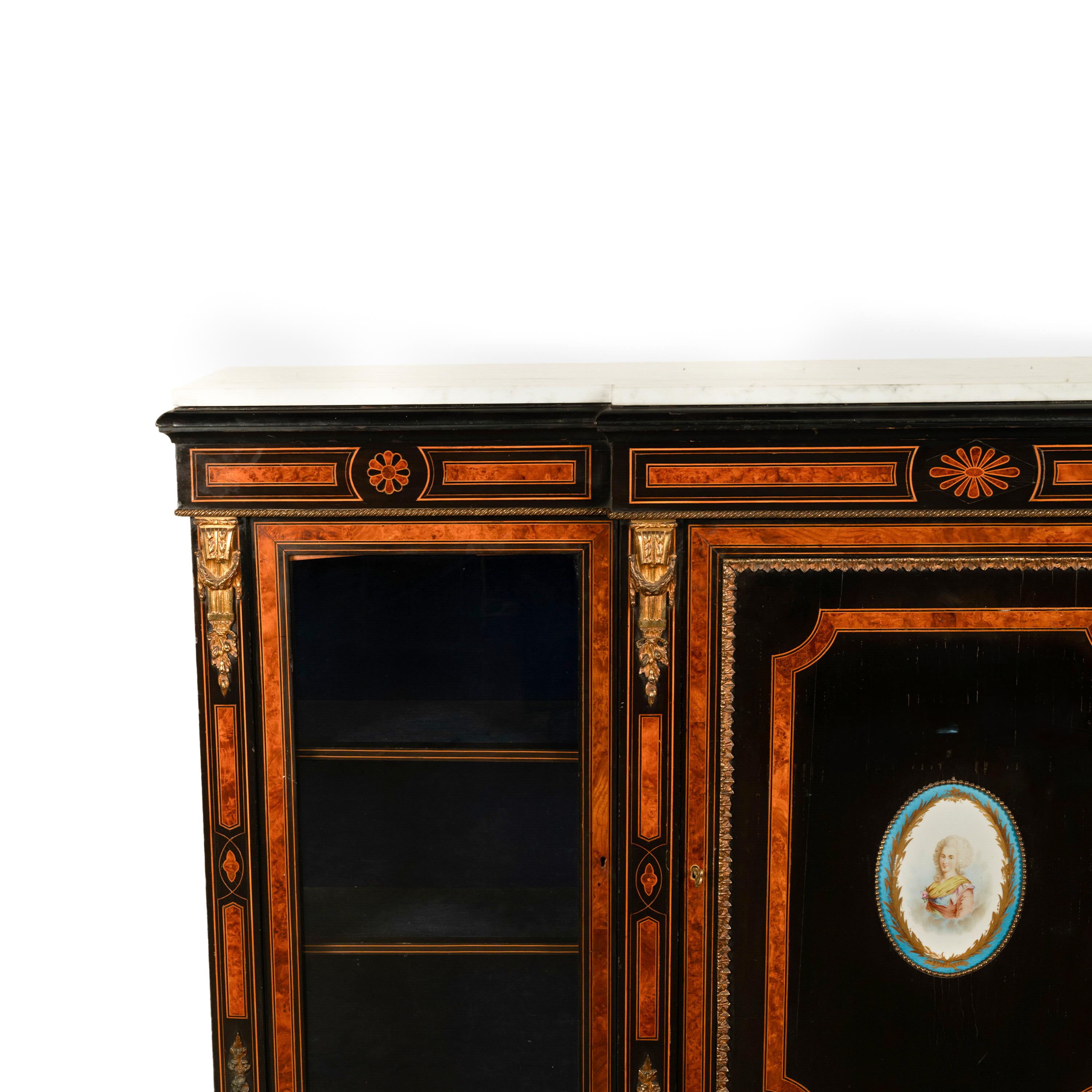 Antique French Napoleon III Ebony Ormolu Marble Sevres Porcelain Credenza 1860 For Sale 7