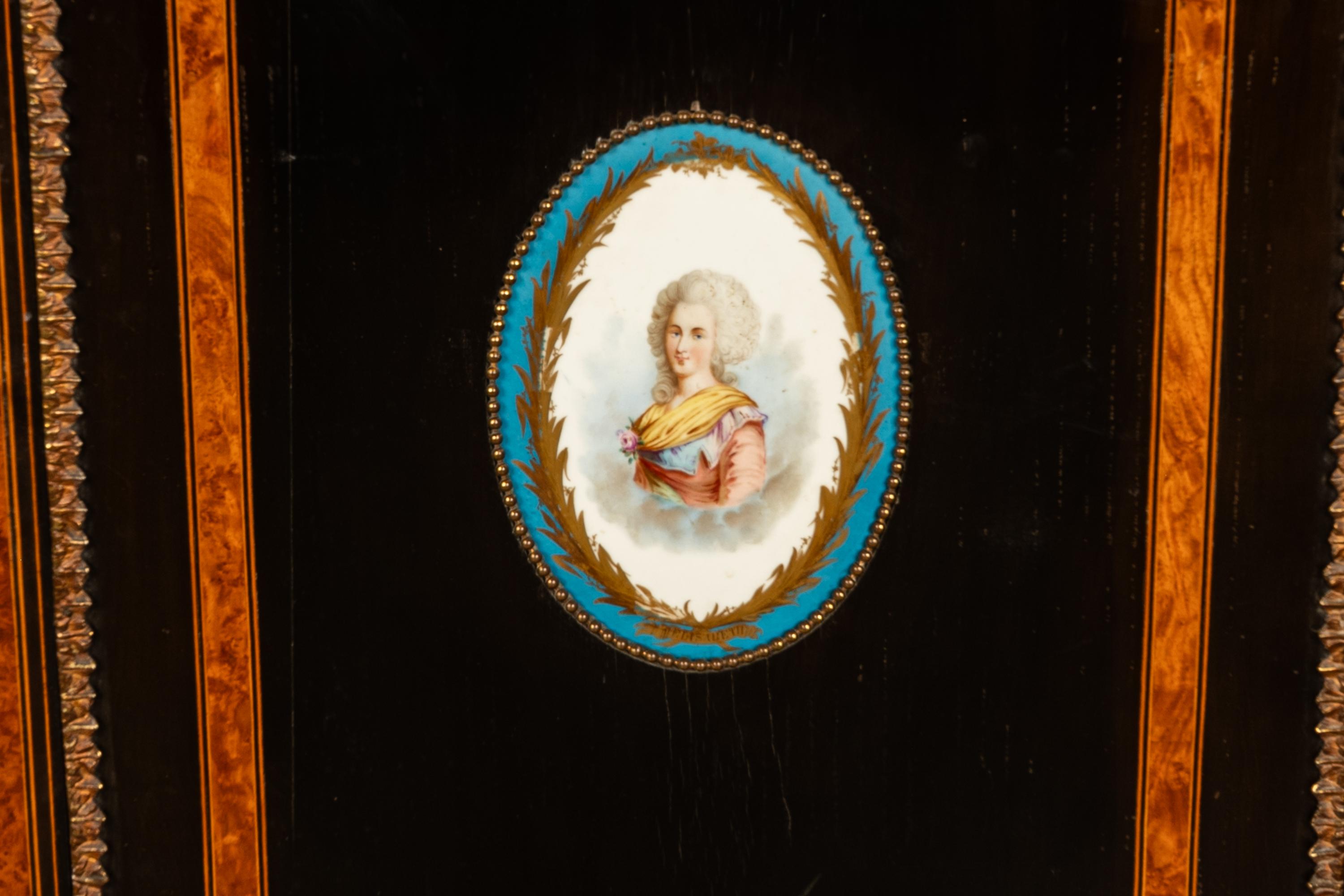 Antique French Napoleon III Ebony Ormolu Marble Sevres Porcelain Credenza 1860 For Sale 10