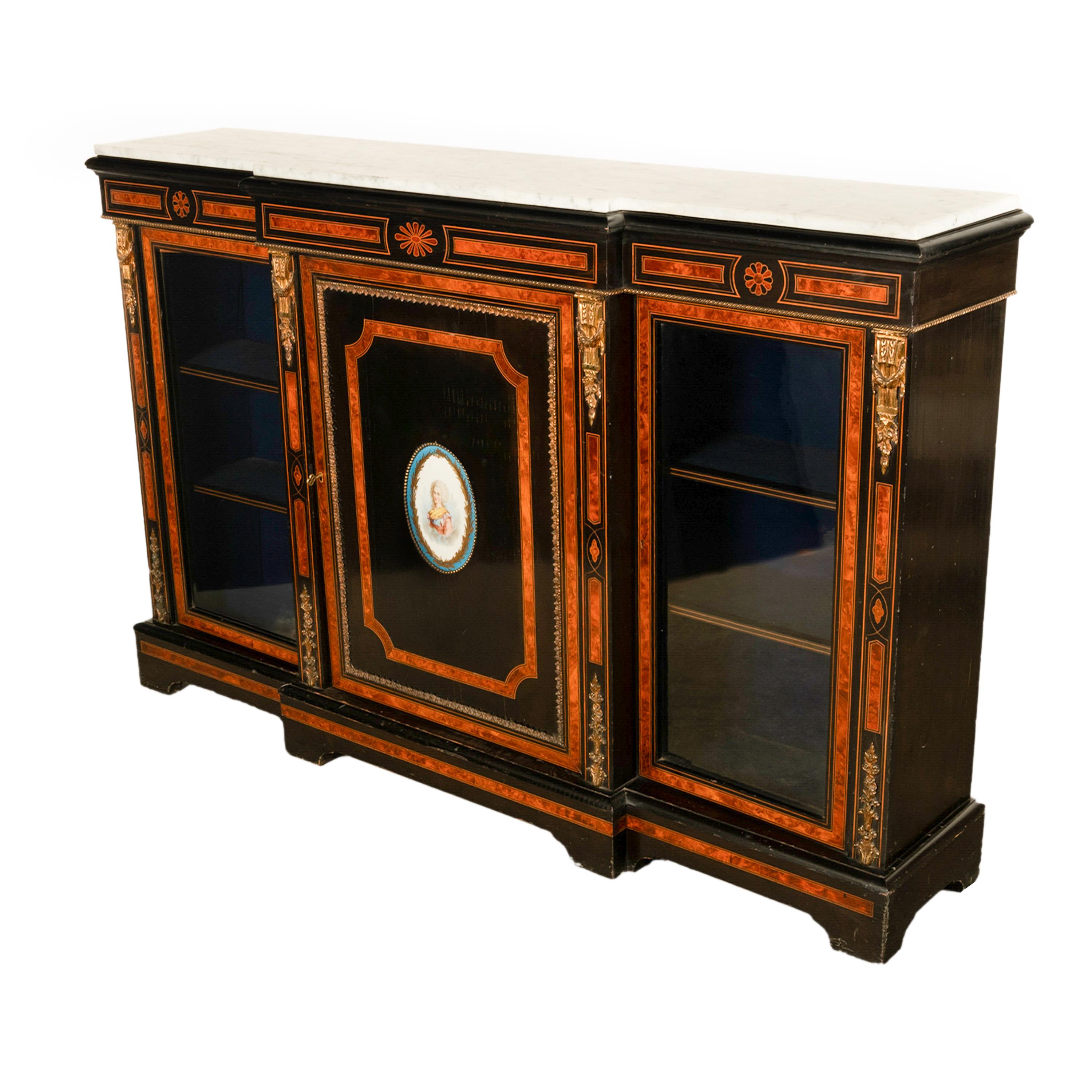 Ebonized Antique French Napoleon III Ebony Ormolu Marble Sevres Porcelain Credenza 1860 For Sale
