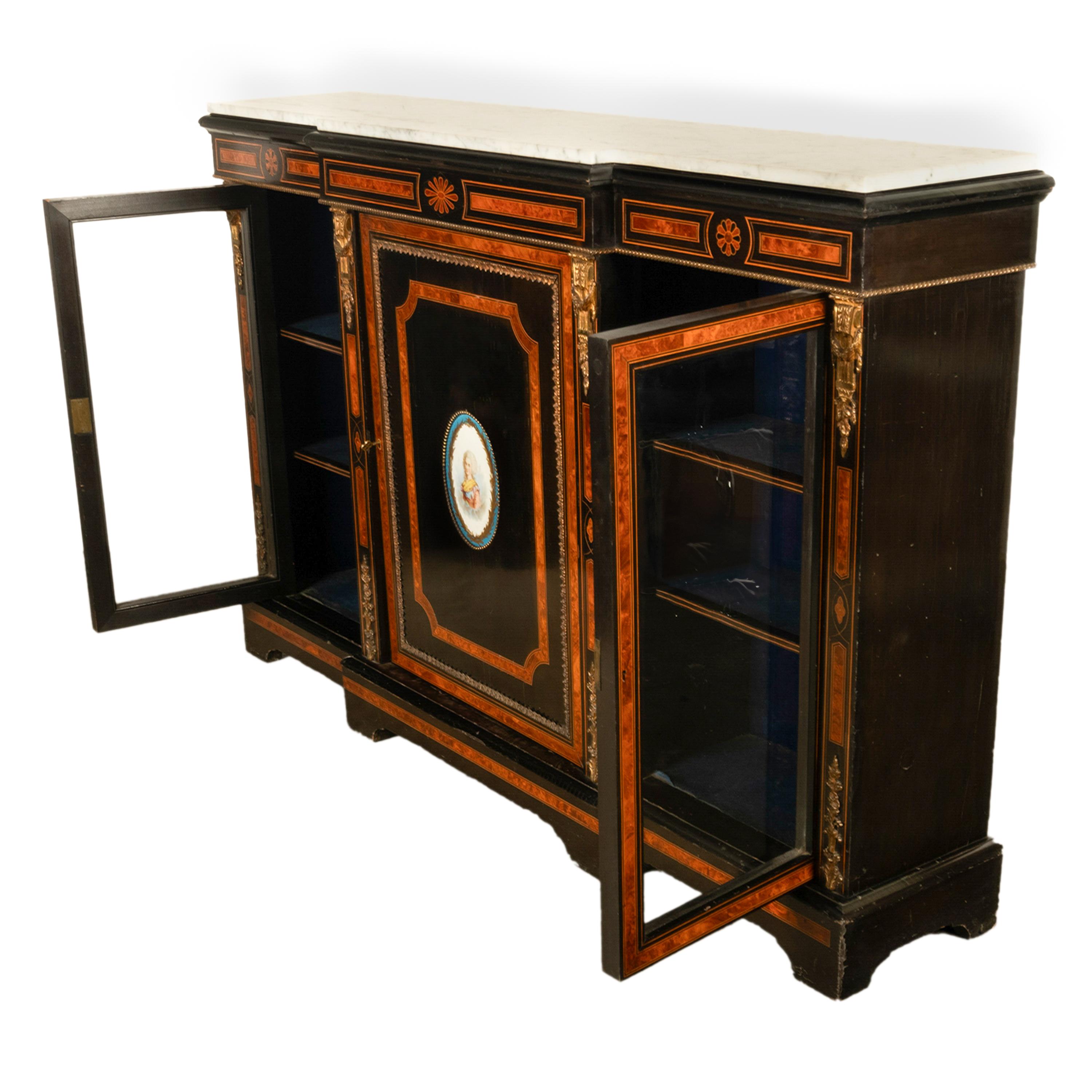 Antique French Napoleon III Ebony Ormolu Marble Sevres Porcelain Credenza 1860 In Good Condition For Sale In Portland, OR