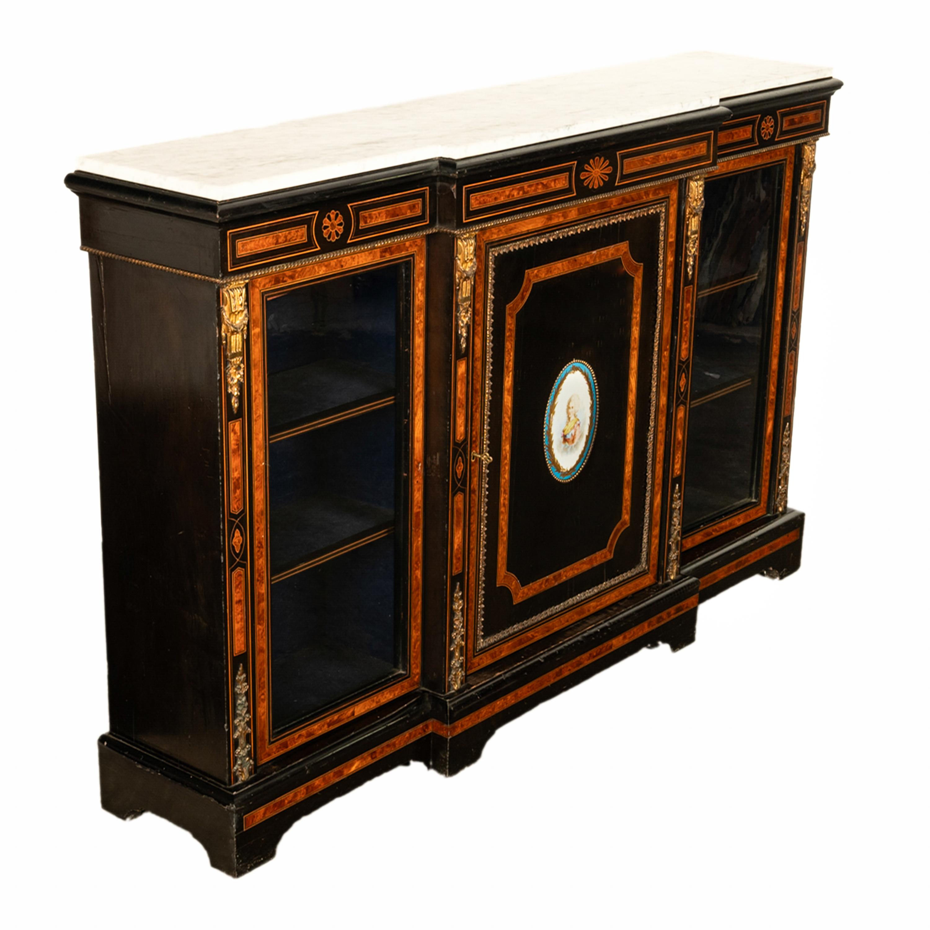 Mid-19th Century Antique French Napoleon III Ebony Ormolu Marble Sevres Porcelain Credenza 1860 For Sale