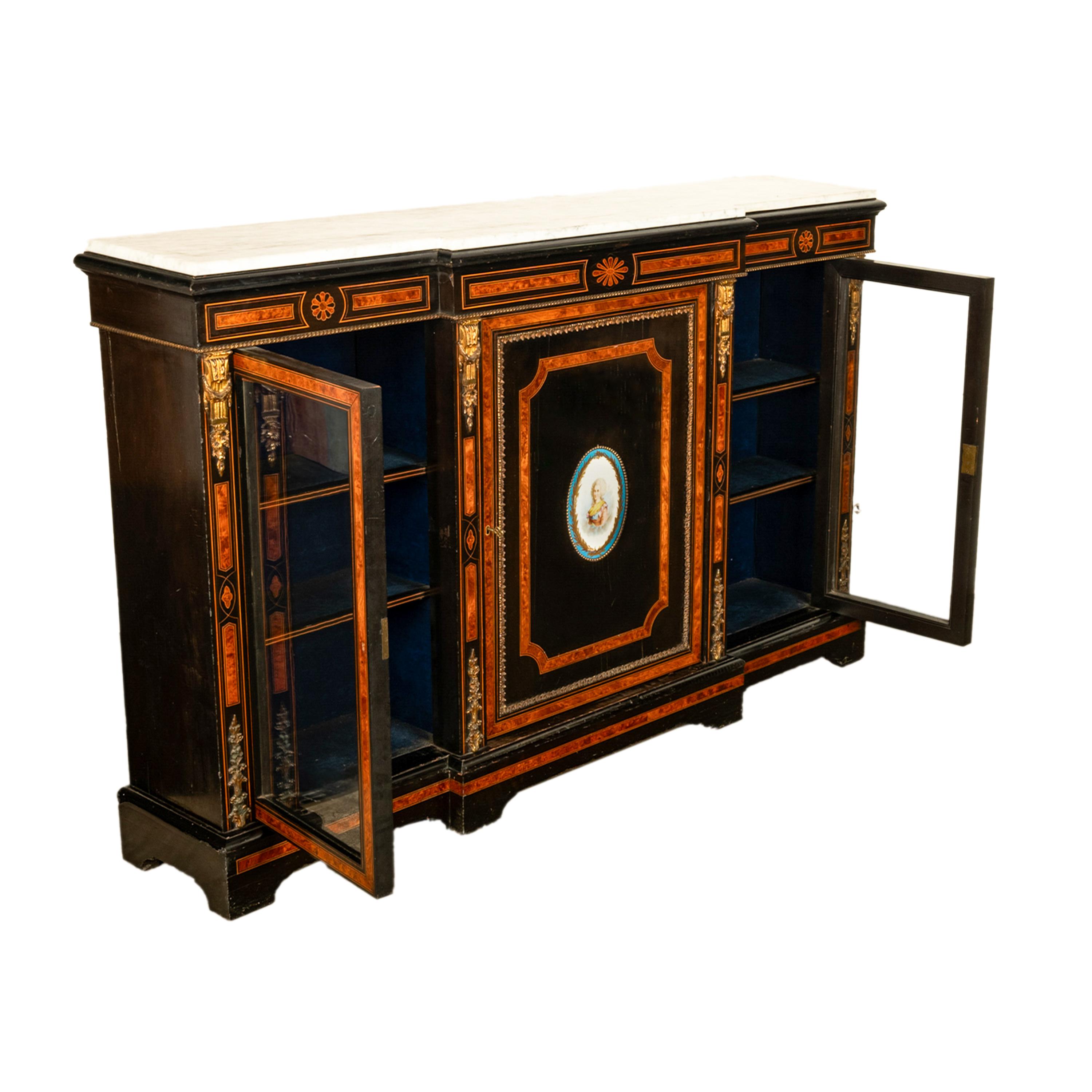 Antique French Napoleon III Ebony Ormolu Marble Sevres Porcelain Credenza 1860 For Sale 1