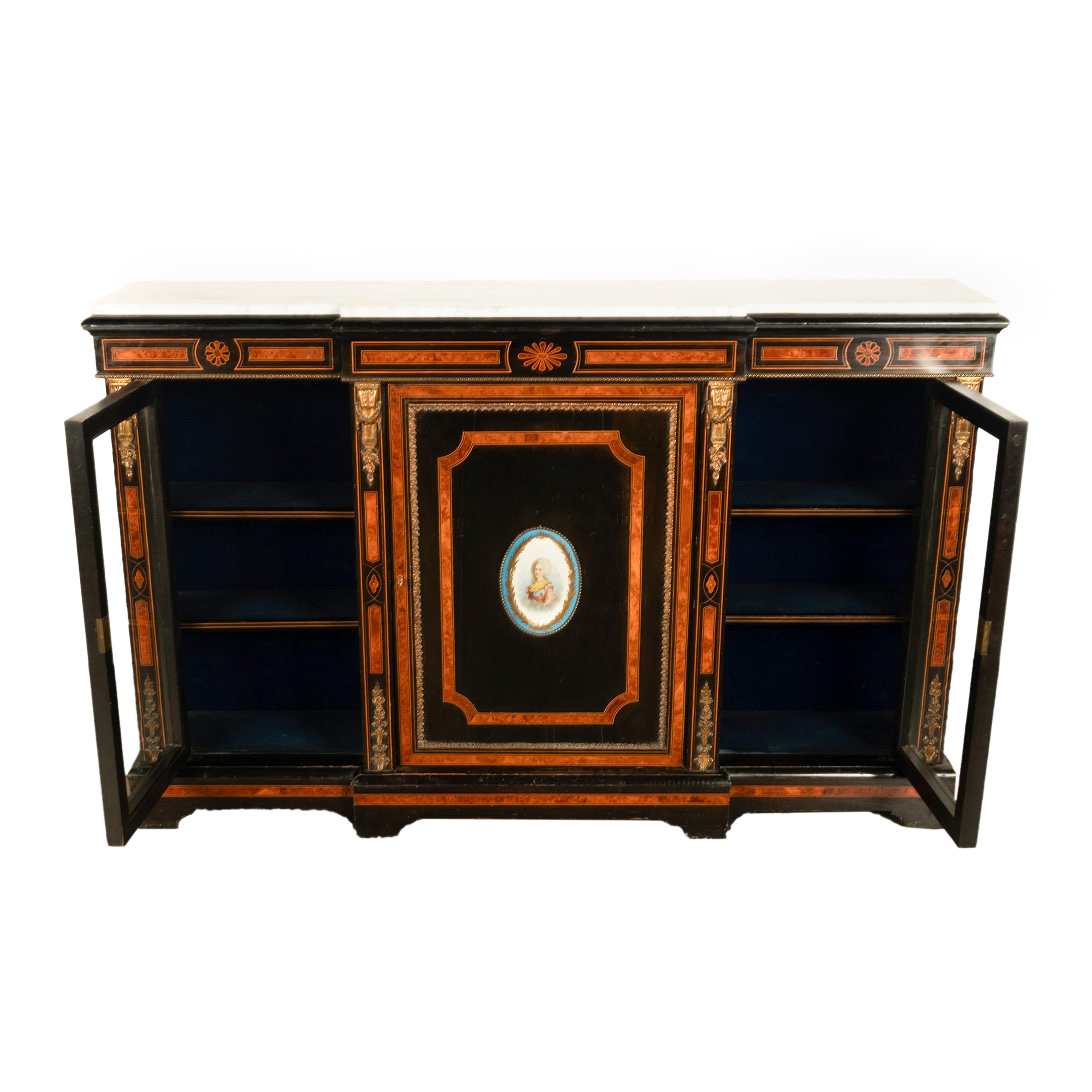 Antique French Napoleon III Ebony Ormolu Marble Sevres Porcelain Credenza 1860 For Sale 4