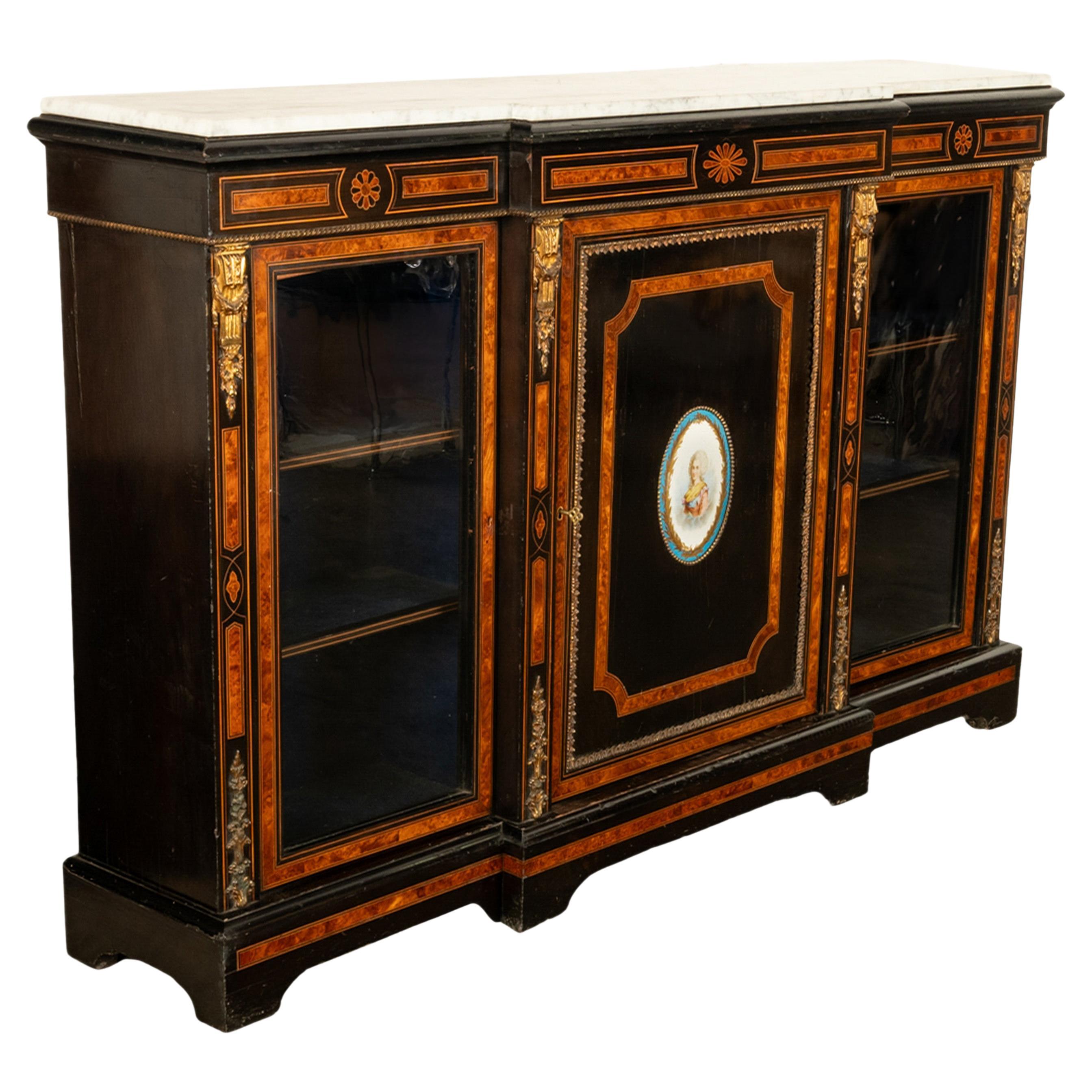Antique French Napoleon III Ebony Ormolu Marble Sevres Porcelain Credenza 1860 For Sale