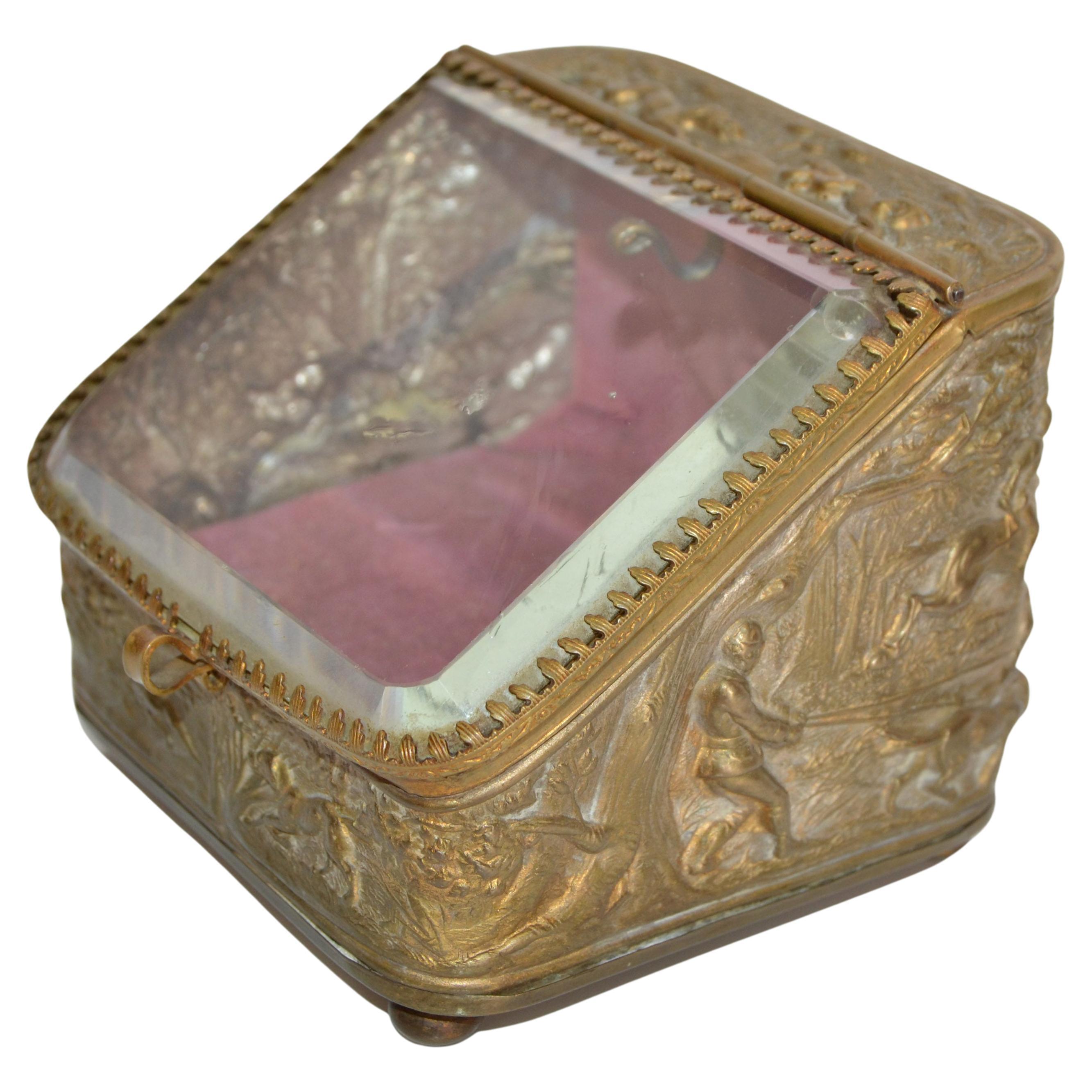 Napoleon III Era Pocket Watch Display Casket, Box Hunt Theme Dogs, Boar, Hounds and Men riding Horses in Action.
Jewelry Module, Box having a beveled Glass Display Lid with embossed edges. 
Art Nouveau Style Ring Container for Your Dresser or