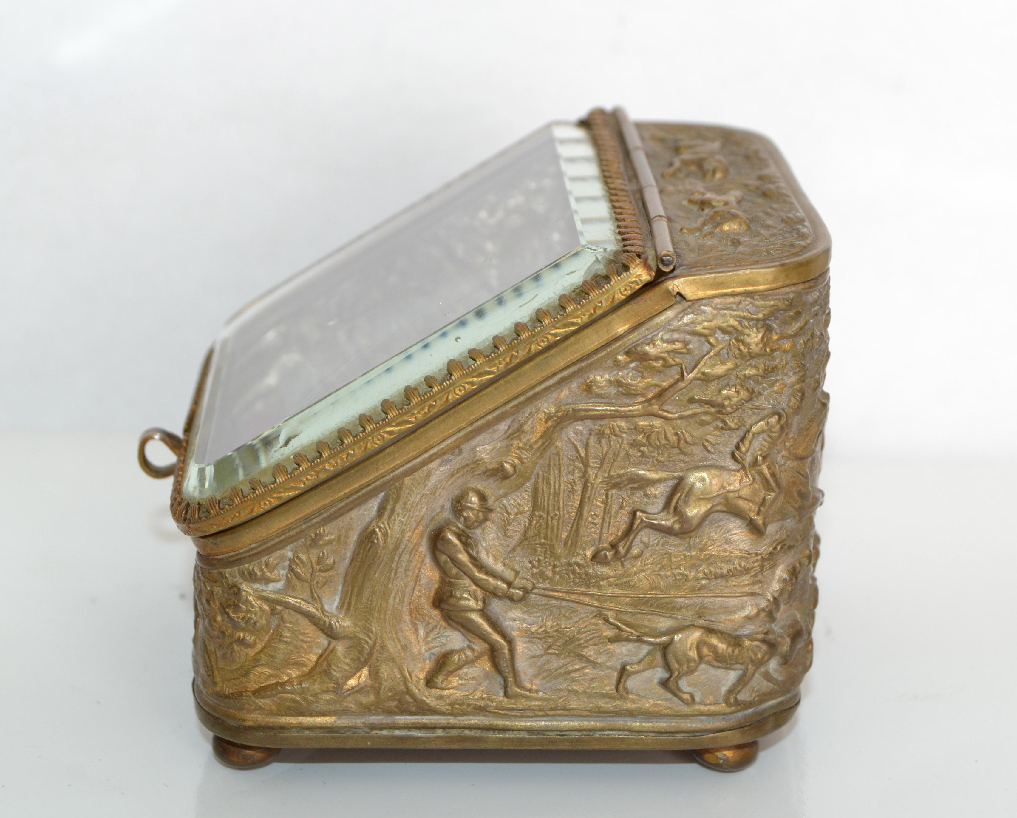 Patinated Antique French Napoleon III Era Pocket Watch Display Casket Box Hunt Theme Boar For Sale