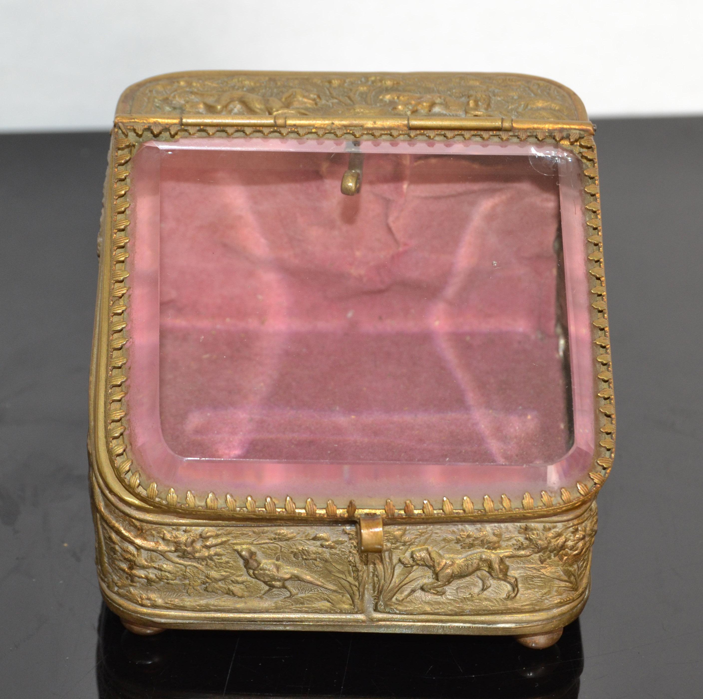 20th Century Antique French Napoleon III Era Pocket Watch Display Casket Box Hunt Theme Boar For Sale