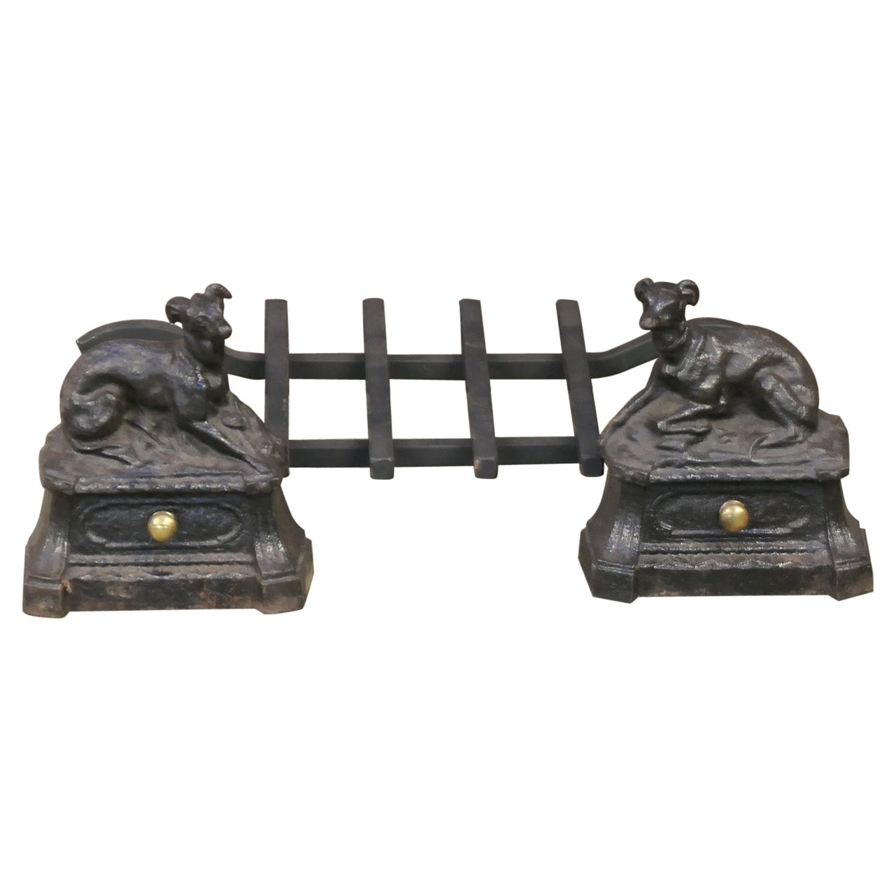 Antique French Napoleon III Fire Grate, Rejilla para Chimenea, con Perros, Siglo XIX